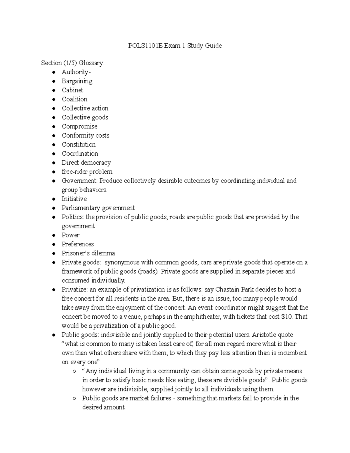 POLS1101E Exam 1 Study Guide - POLS1101E Exam 1 Study Guide Section (1/ ...