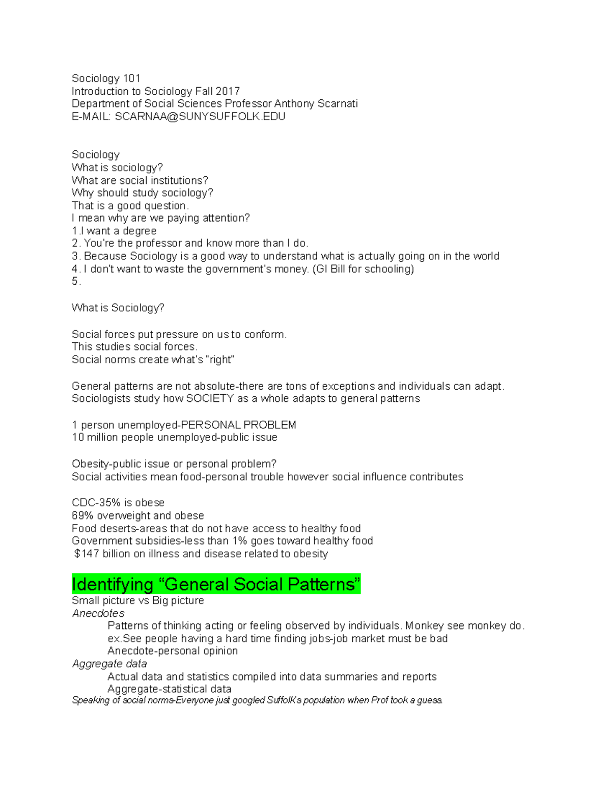 Soc 101 notes - Sociology 101 Introduction to Sociology Fall 2017 ...