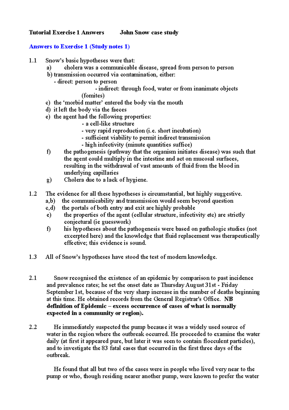Tutorial exercise 1 ans Tutorial Exercise 1 Answers John Snow case