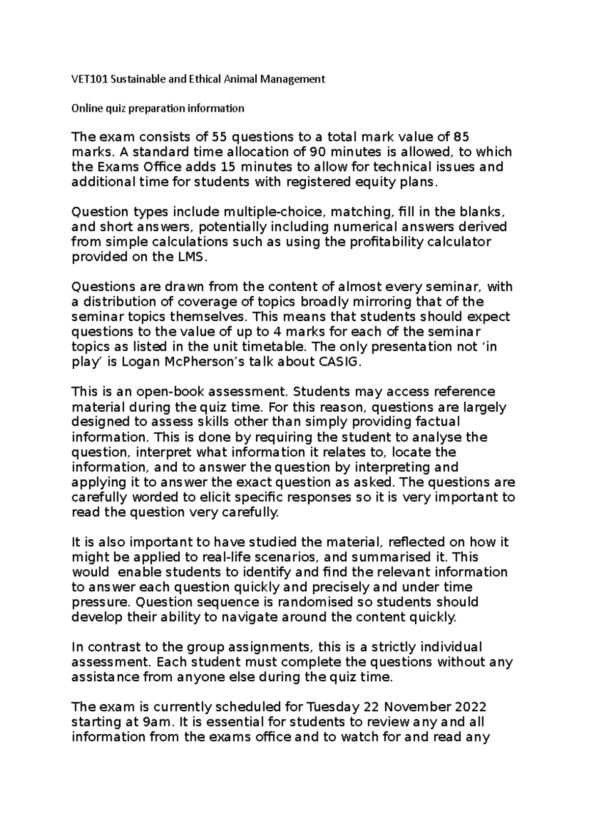 VET101 Exam information VET101 Sustainable and Ethical Animal