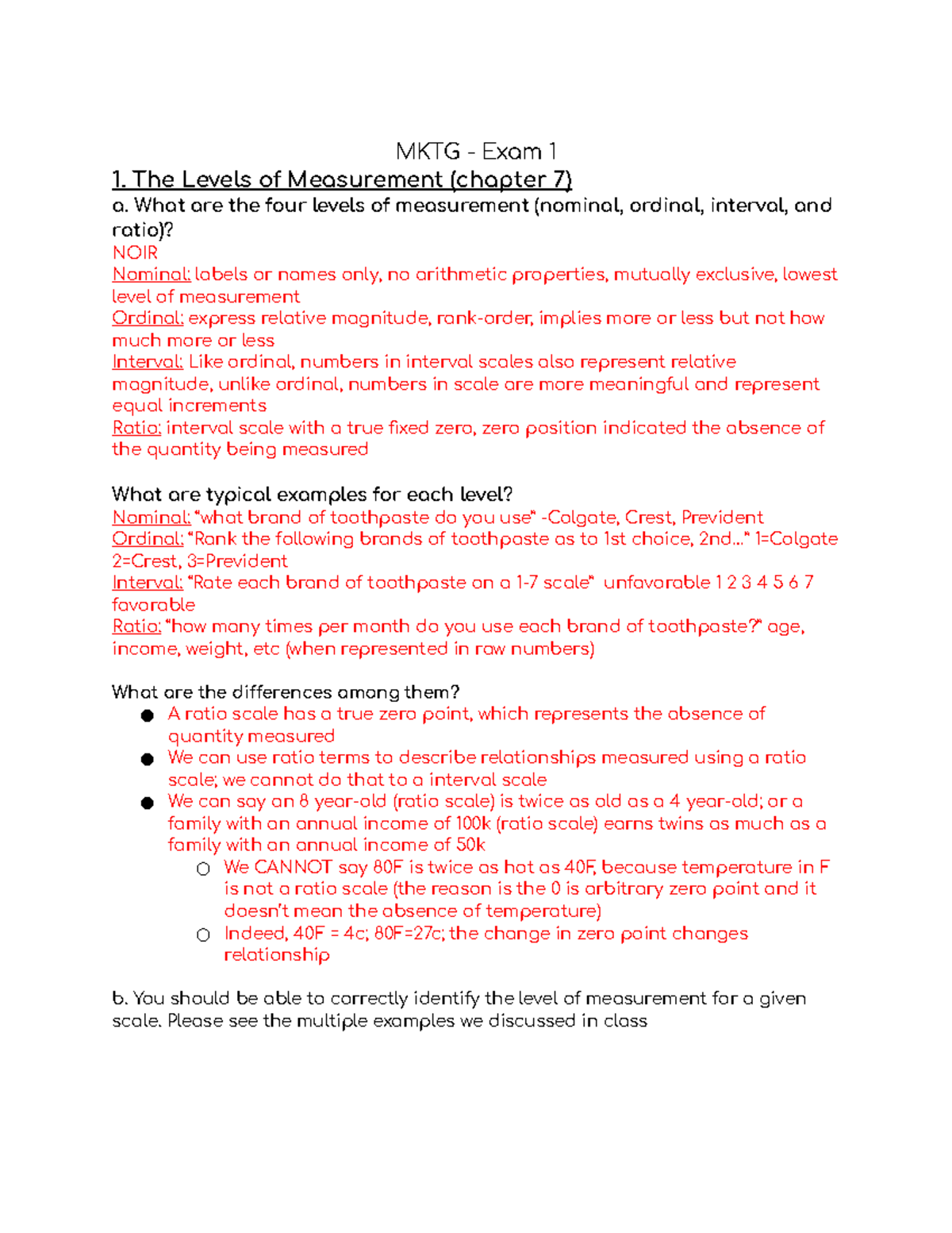 Exam 1 Study Guide - MKTG - Exam 1 1. The Levels Of Measurement ...