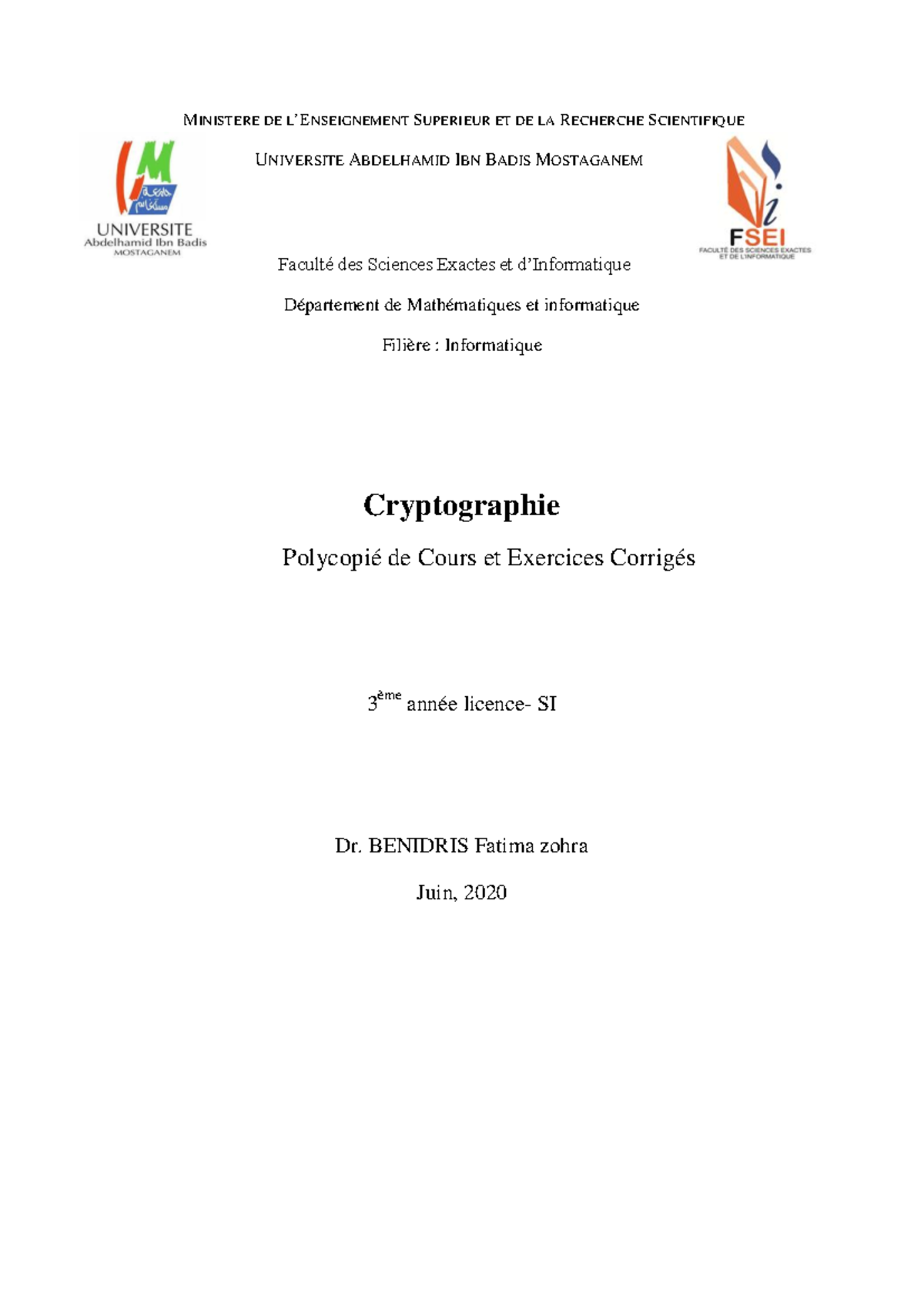 Cryptographie - tddt hfy - MINISTERE DE L’ENSEIGNEMENT SUPERIEUR ET DE ...