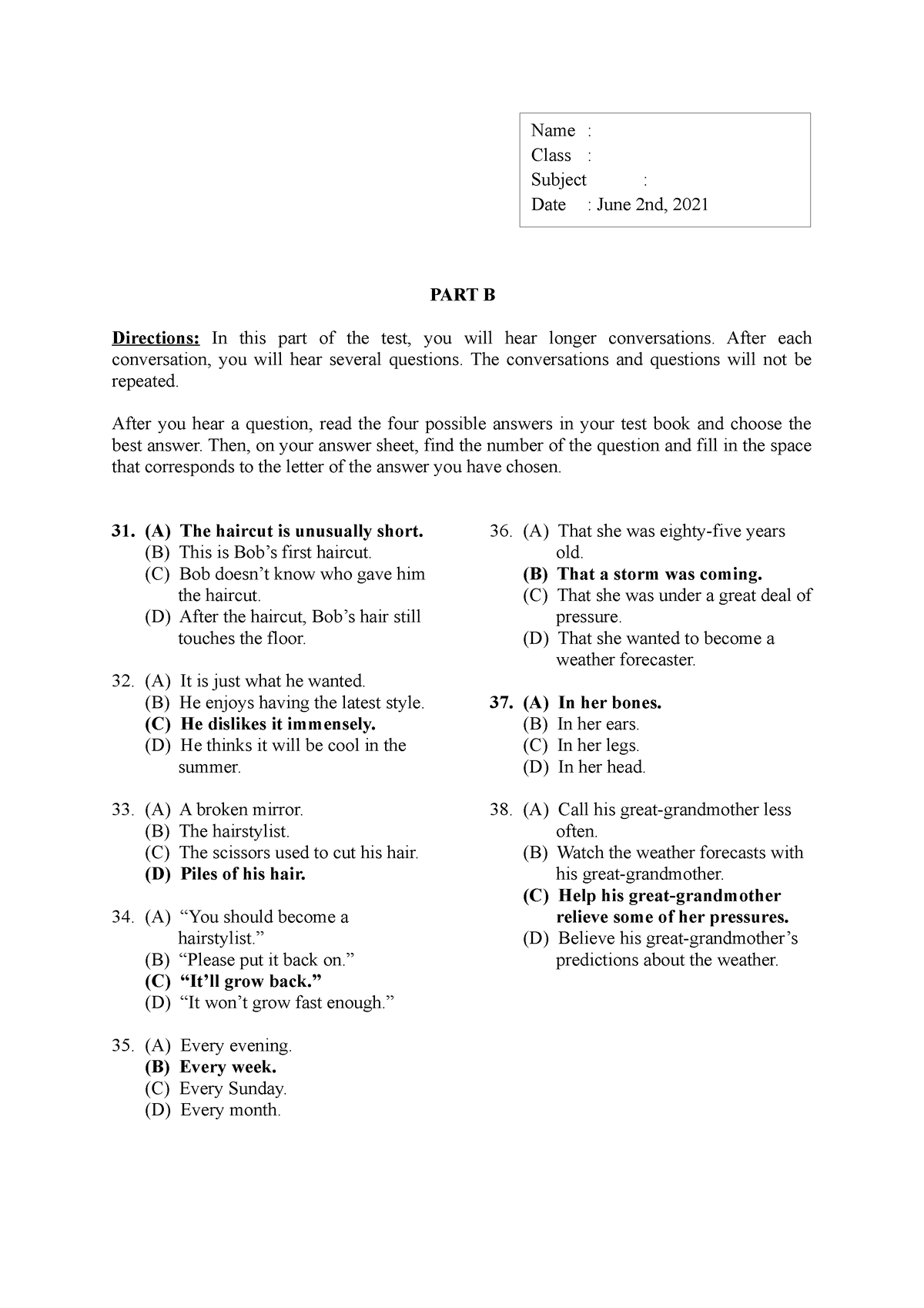 Listening Comprehension - Part B - PART B Directions: In This Part Of ...