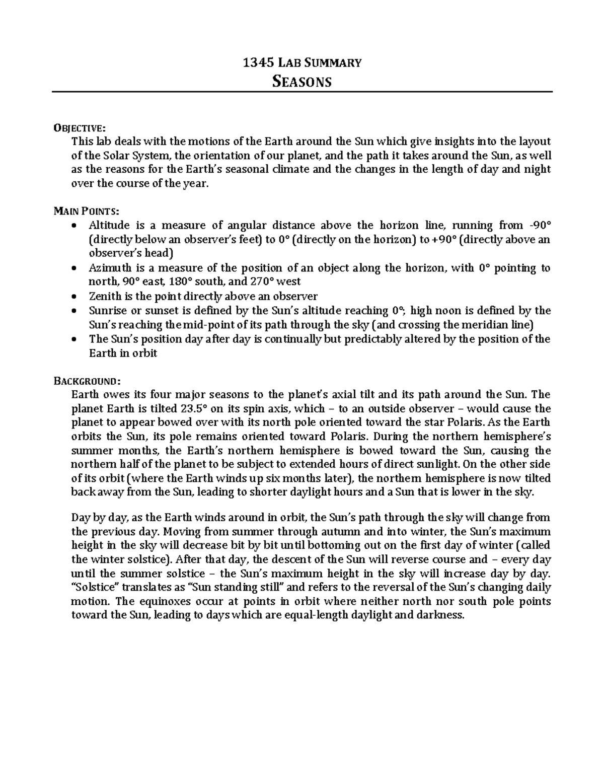 1345 Summary - Path of the Sun - 1345 LAB SUMMARY SEASONS OBJECTIVE ...