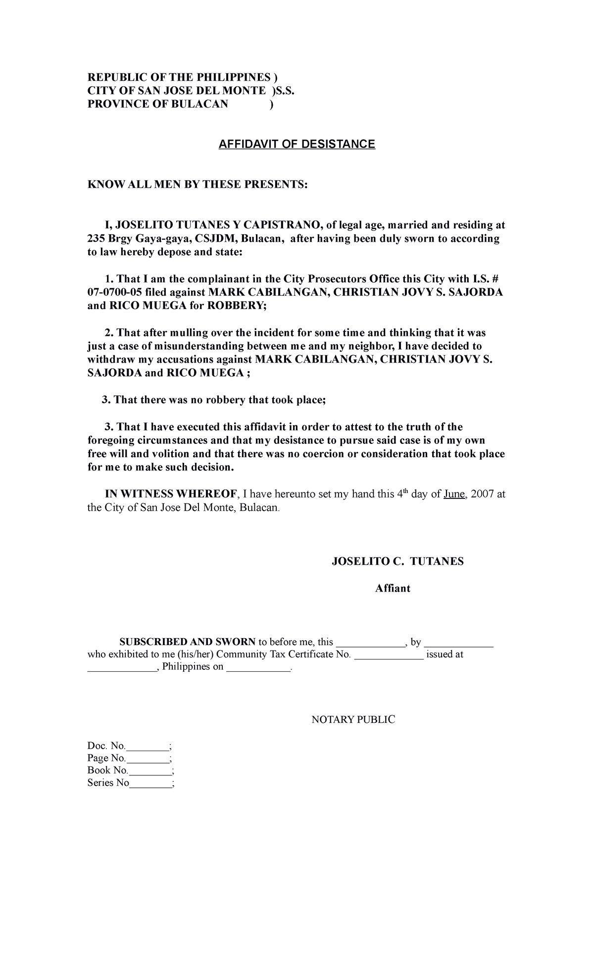 Affidavit - GOOD - REPUBLIC OF THE PHILIPPINES ) CITY OF SAN JOSE DEL ...