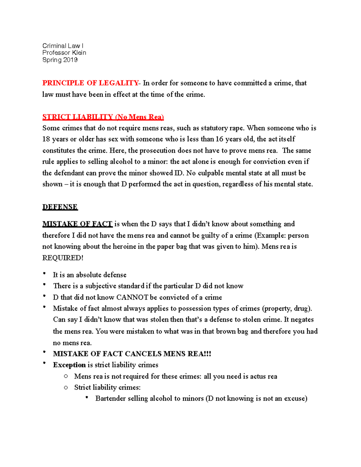 Principle OF Legality - Lecture notes 1 - Criminal Law I Professor ...