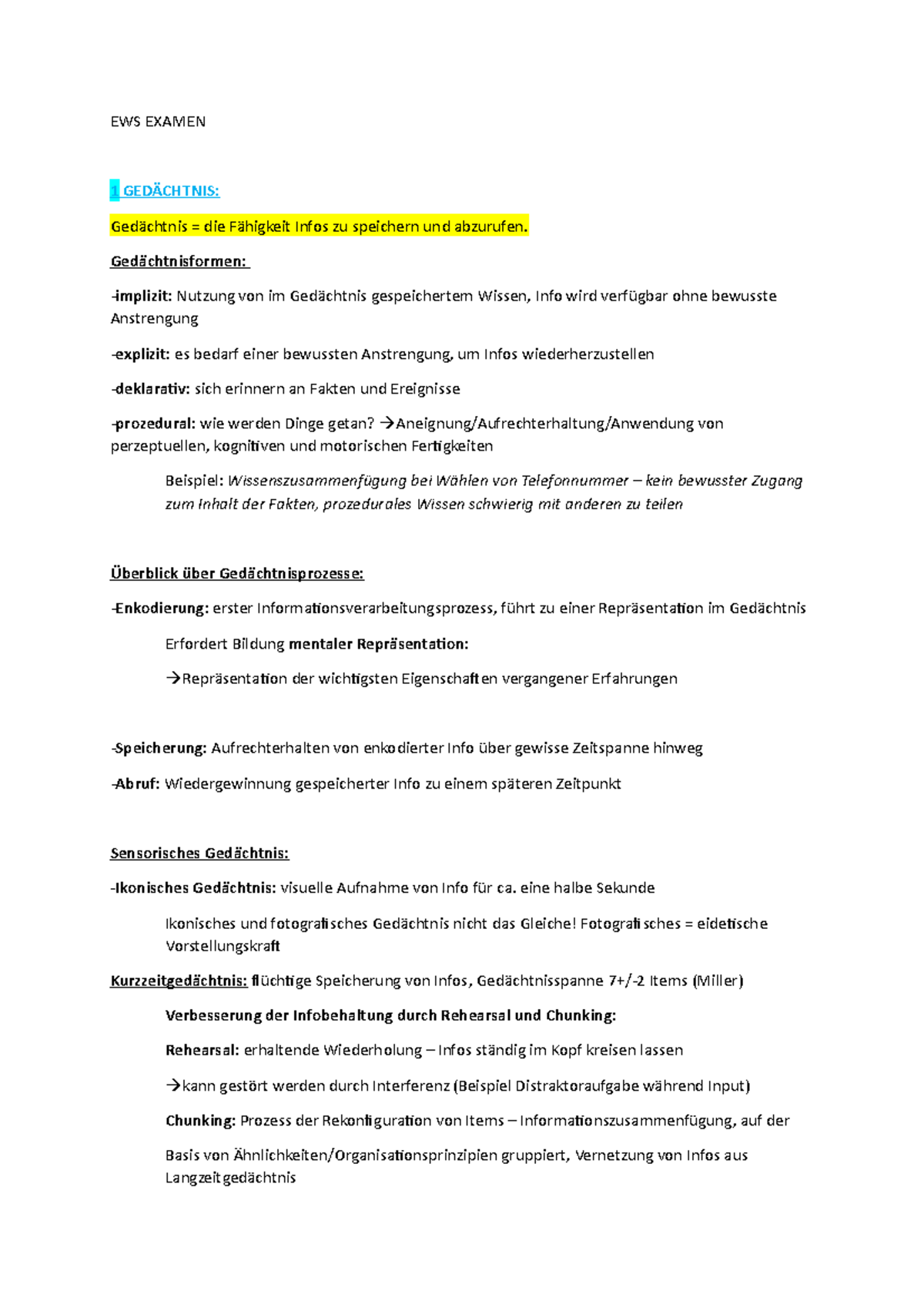 Ews Examen Uni Regensburg Zimbardo Zsmf - EWS EXAMEN 1 GEDÄCHTNIS: Gedächtnis = die Fähigkeit
