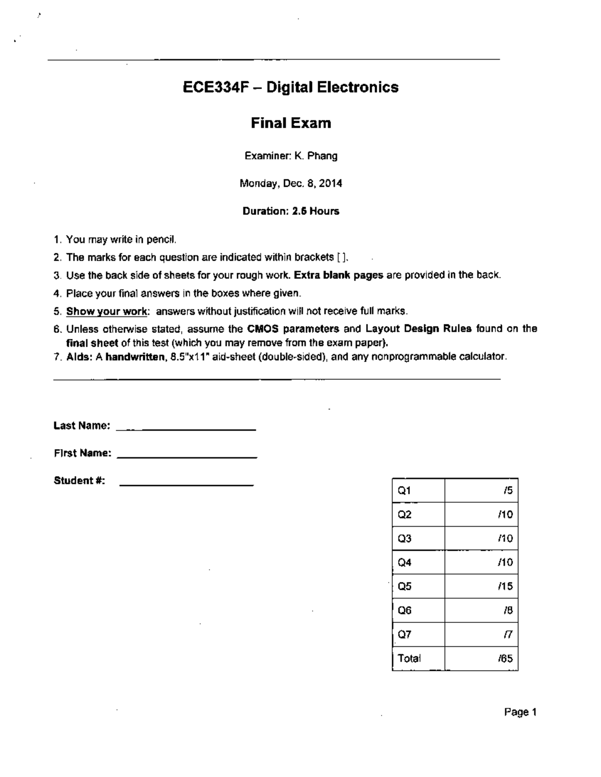 Final Exam 8 December 2014, questions ECE334F Digital Electronics