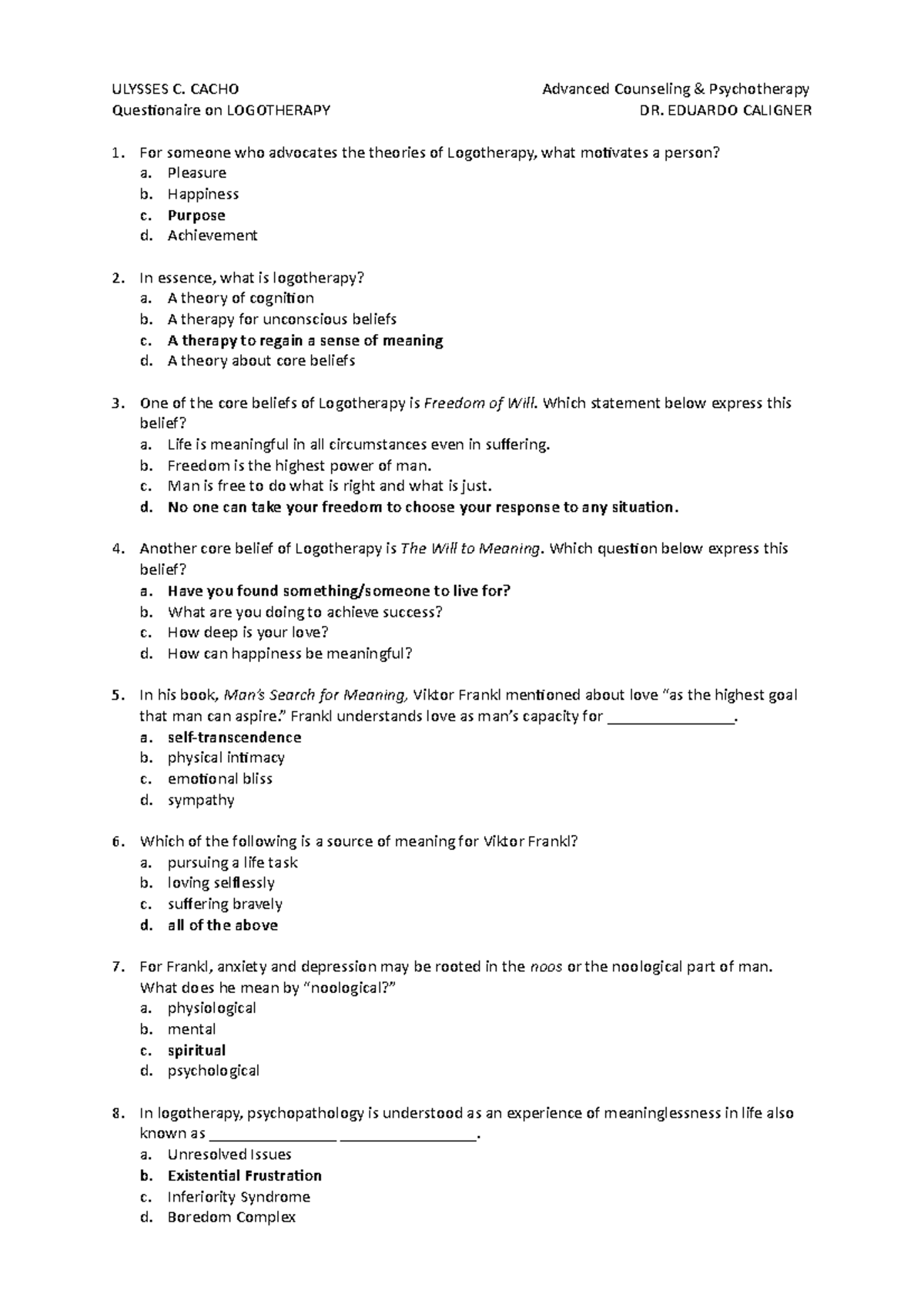 Logotherapy Questionaires for Report Summary - ULYSSES C. CACHO ...