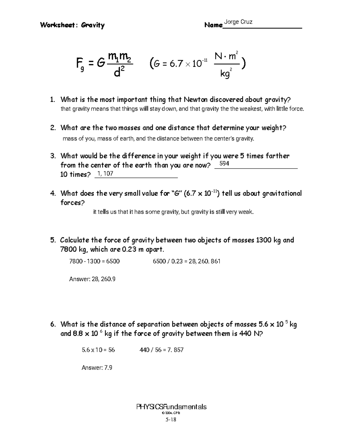 Gravity Worksheet (Physics) - Worksheet: Gravity Name ...