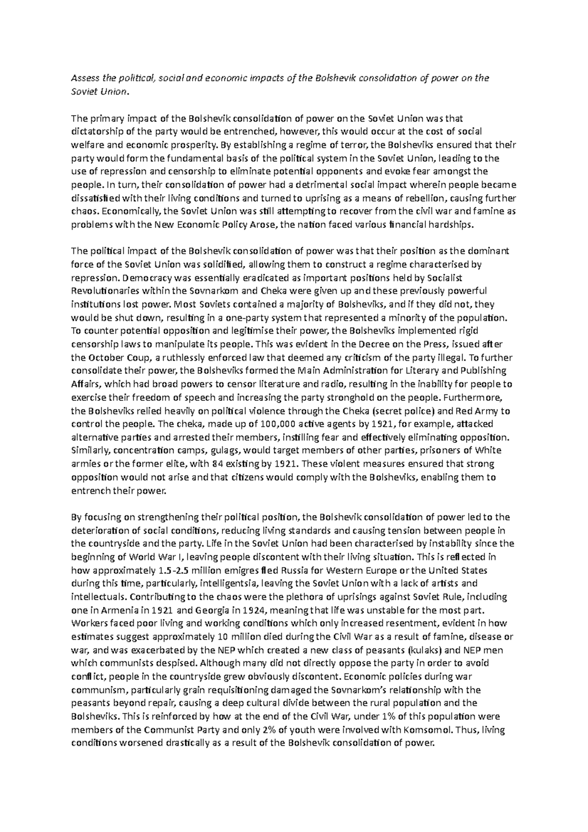 Bolshevik Consolidation of Power Essay - Assess the political, social ...