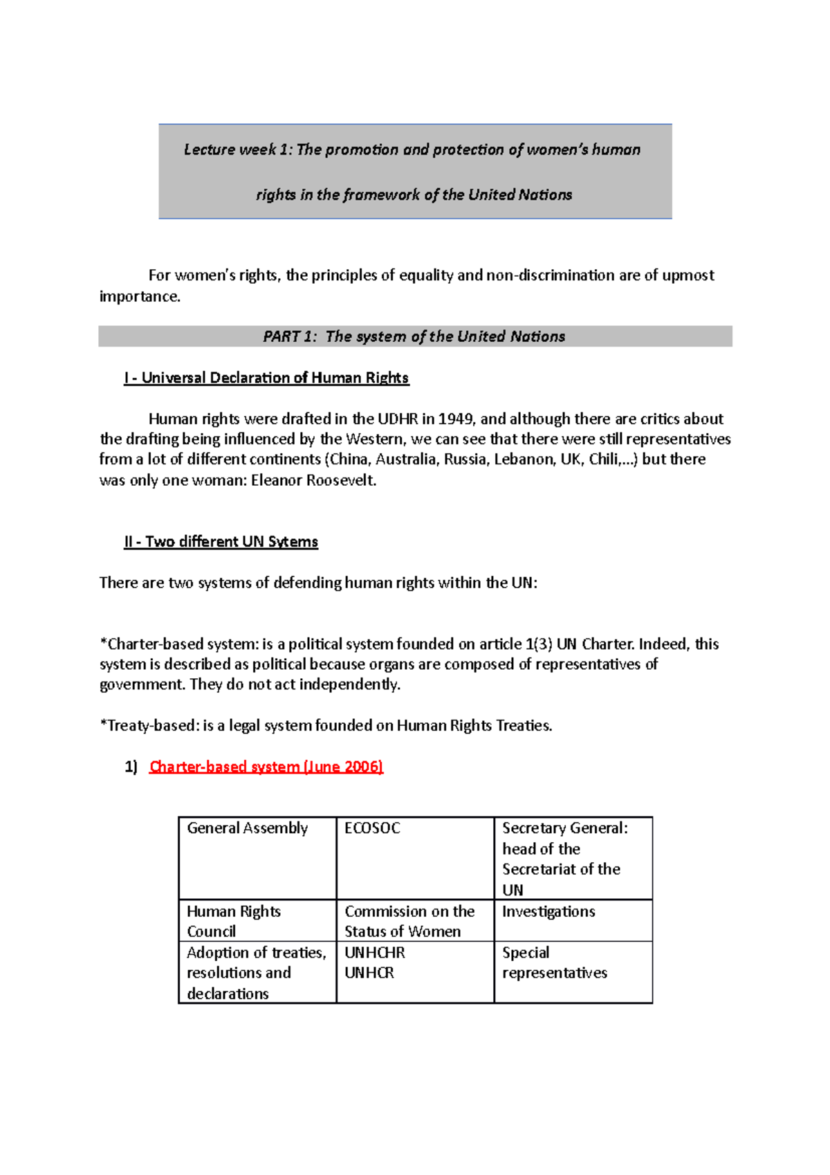 Human Rights of Women (Lectures Notes 2021-2022) - Lecture week 1: The ...