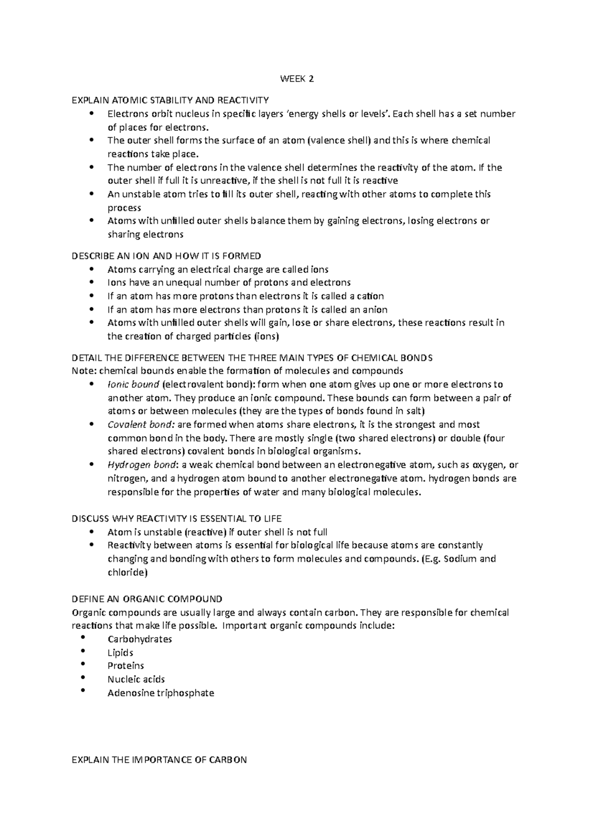 WEEK 2 - Lecture notes 1,2,3 - WEEK 2 EXPLAIN ATOMIC STABILITY AND ...