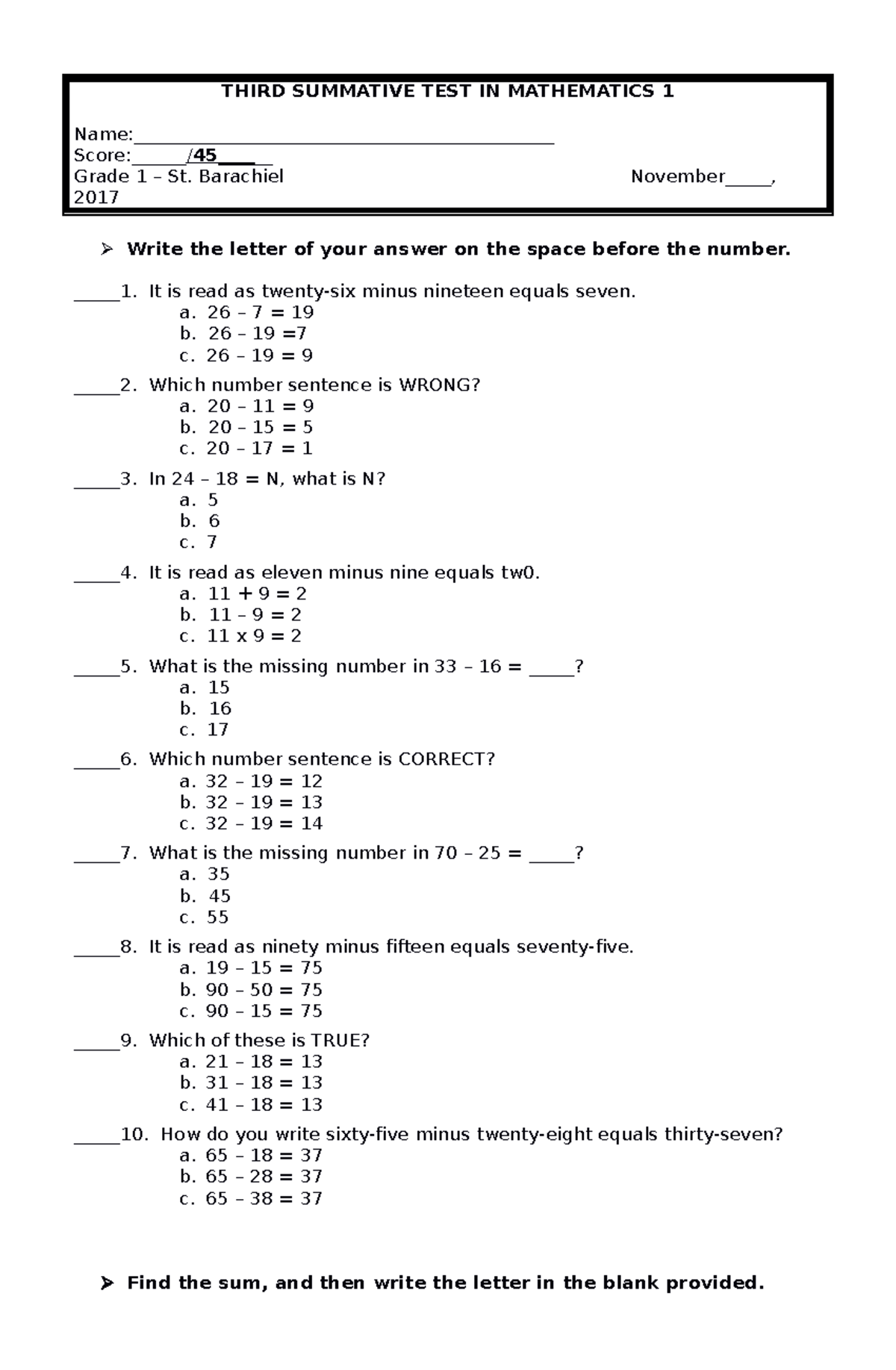 Math 1 - Examination questions - THIRD SUMMATIVE TEST IN MATHEMATICS 1 ...