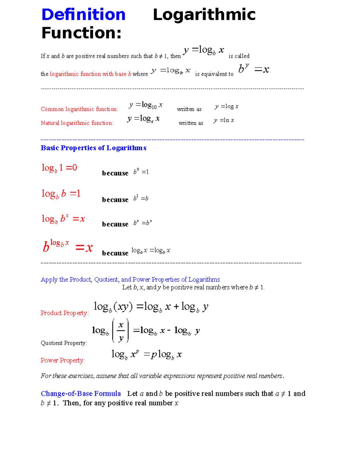 Logarithmic properties - Definition Logarithmic Function: If x and b ...