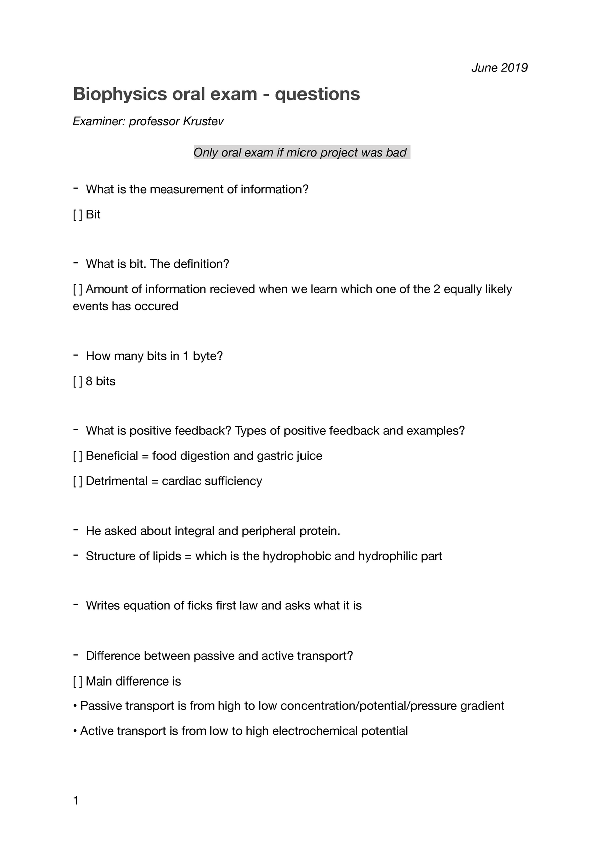 Biophysics oral exam - Questions - June 2019 Biophysics oral exam -  questions Examiner: professor - Sns-Brigh10