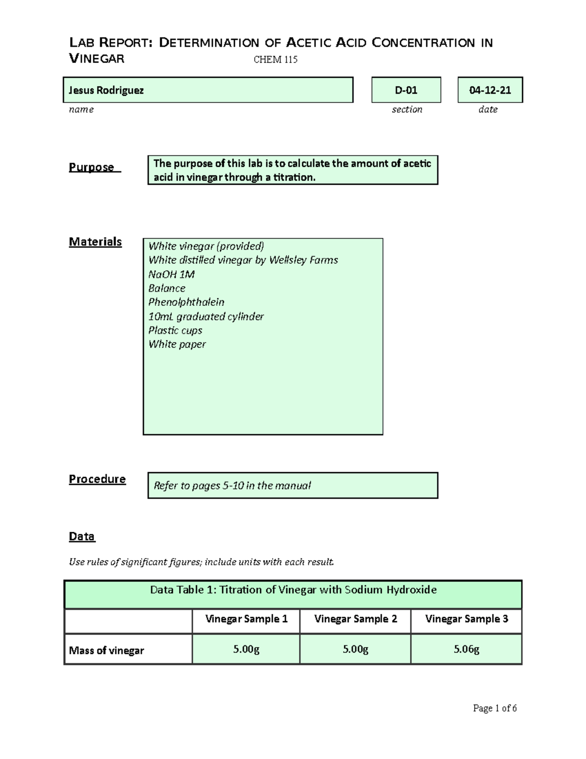 Lab Report Determination of Acetic Acid LAB REPORT DETERMINATION OF