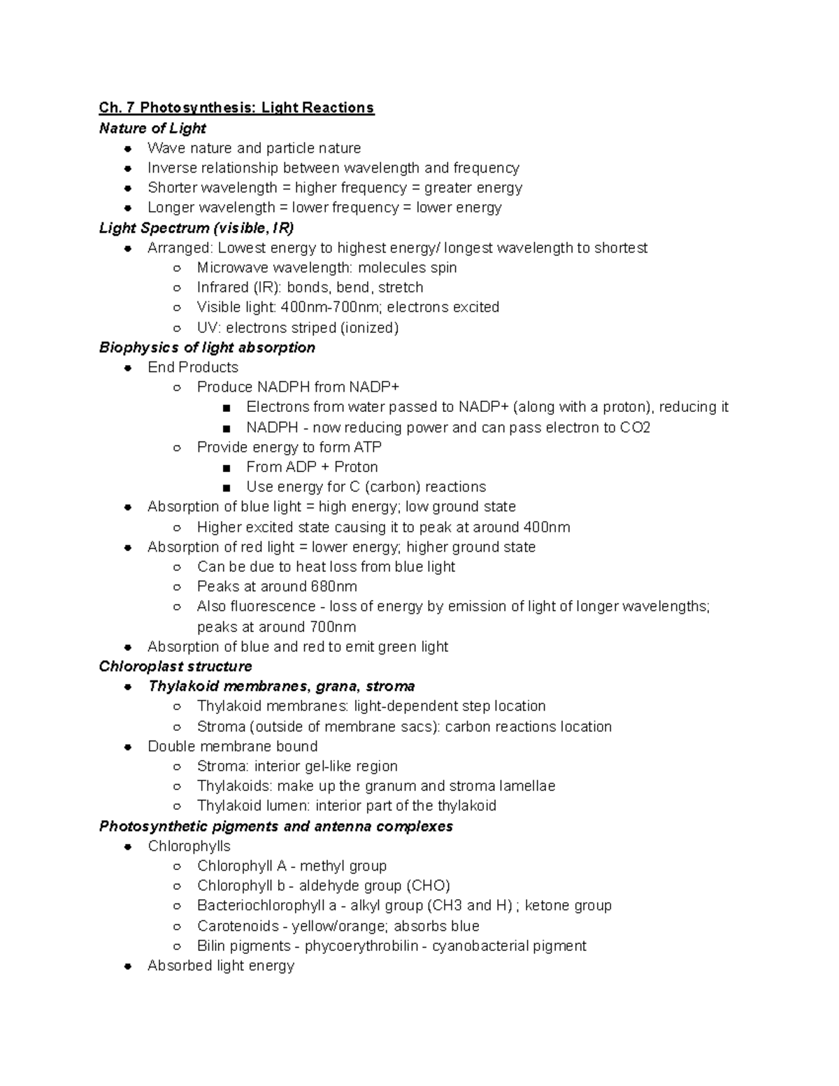 BIOL 442 Exam II Study Guide - Ch. 7 Photosynthesis: Light Reactions ...