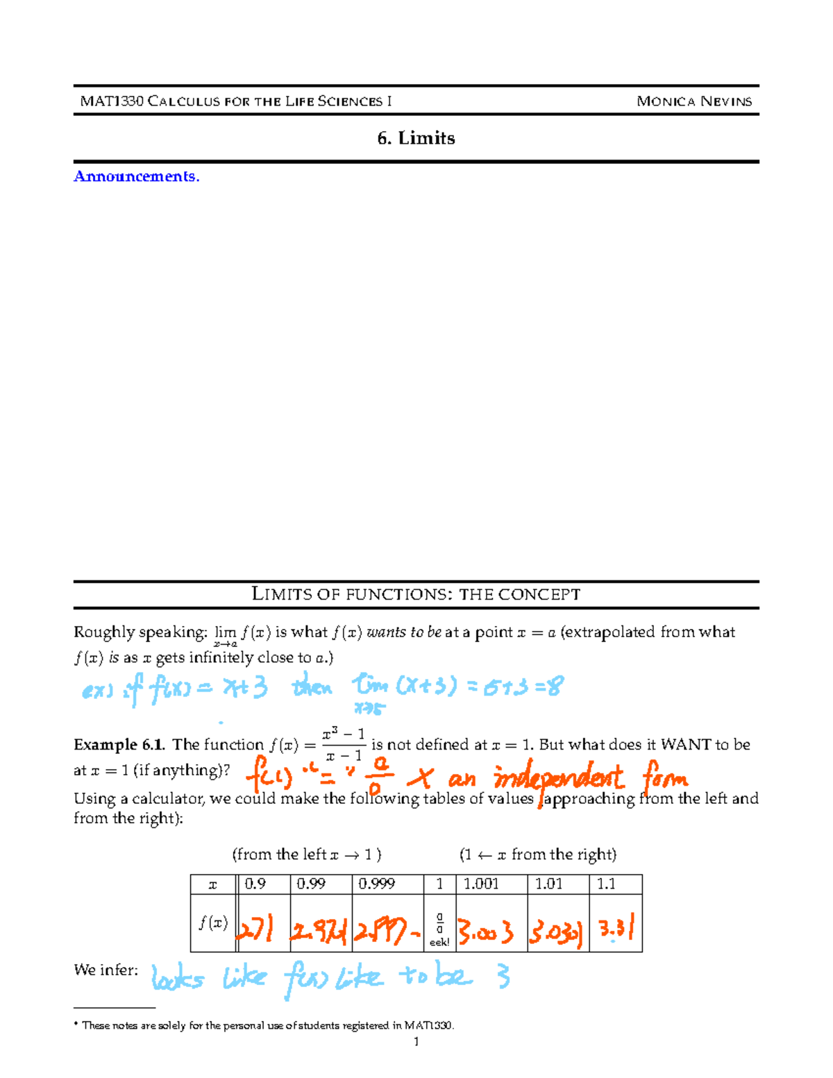 Lec6 template - Lecture notes 6 Limits - MAT1330 CALCULUS FOR ...