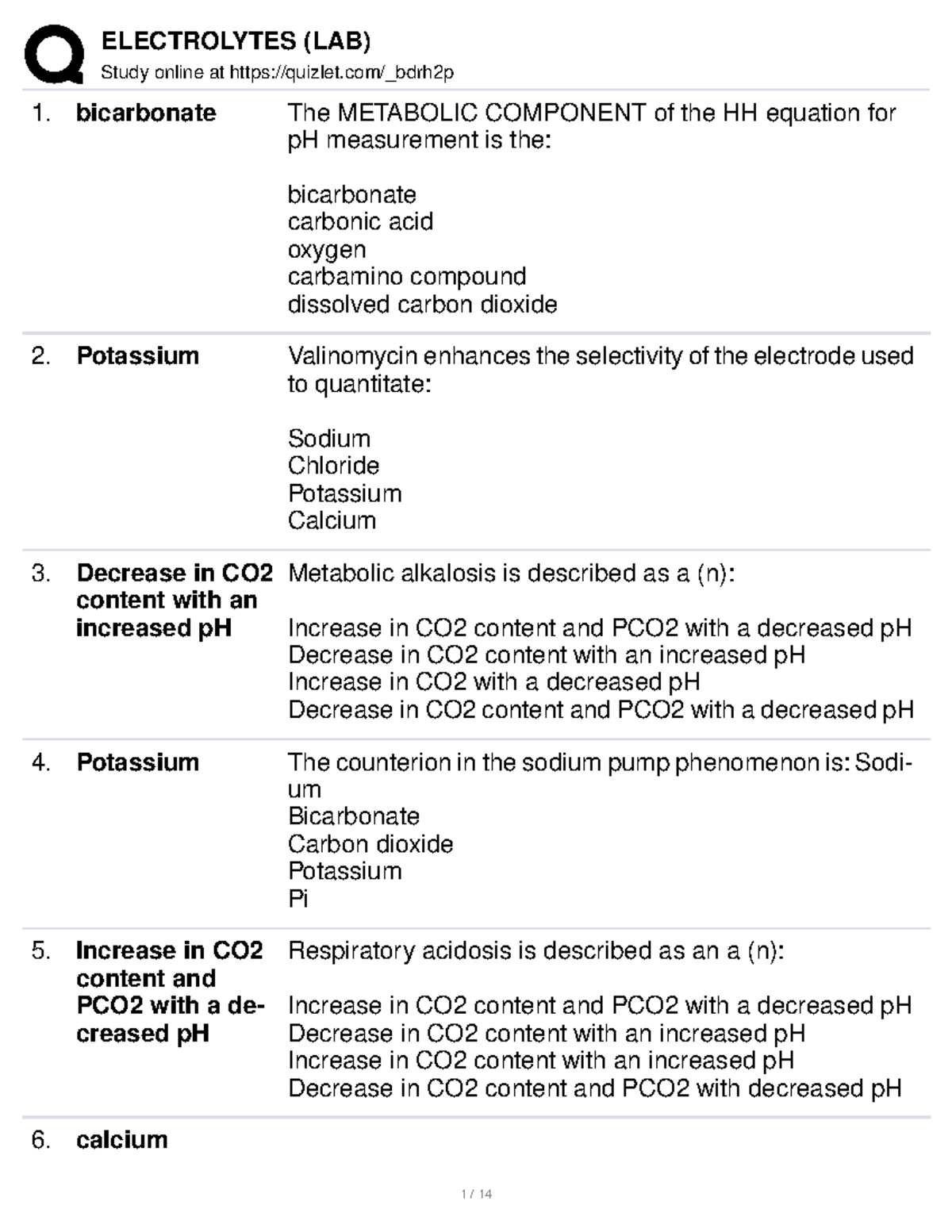 Electrolytes - Clinical Chemistry 2 - Study Online At Quizlet/_bdrh2p ...