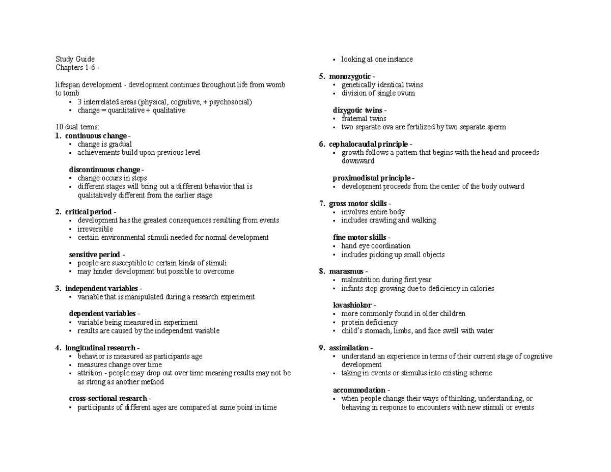 Exam #1 Study Guide - Study Guide Chapters lifespan development ...