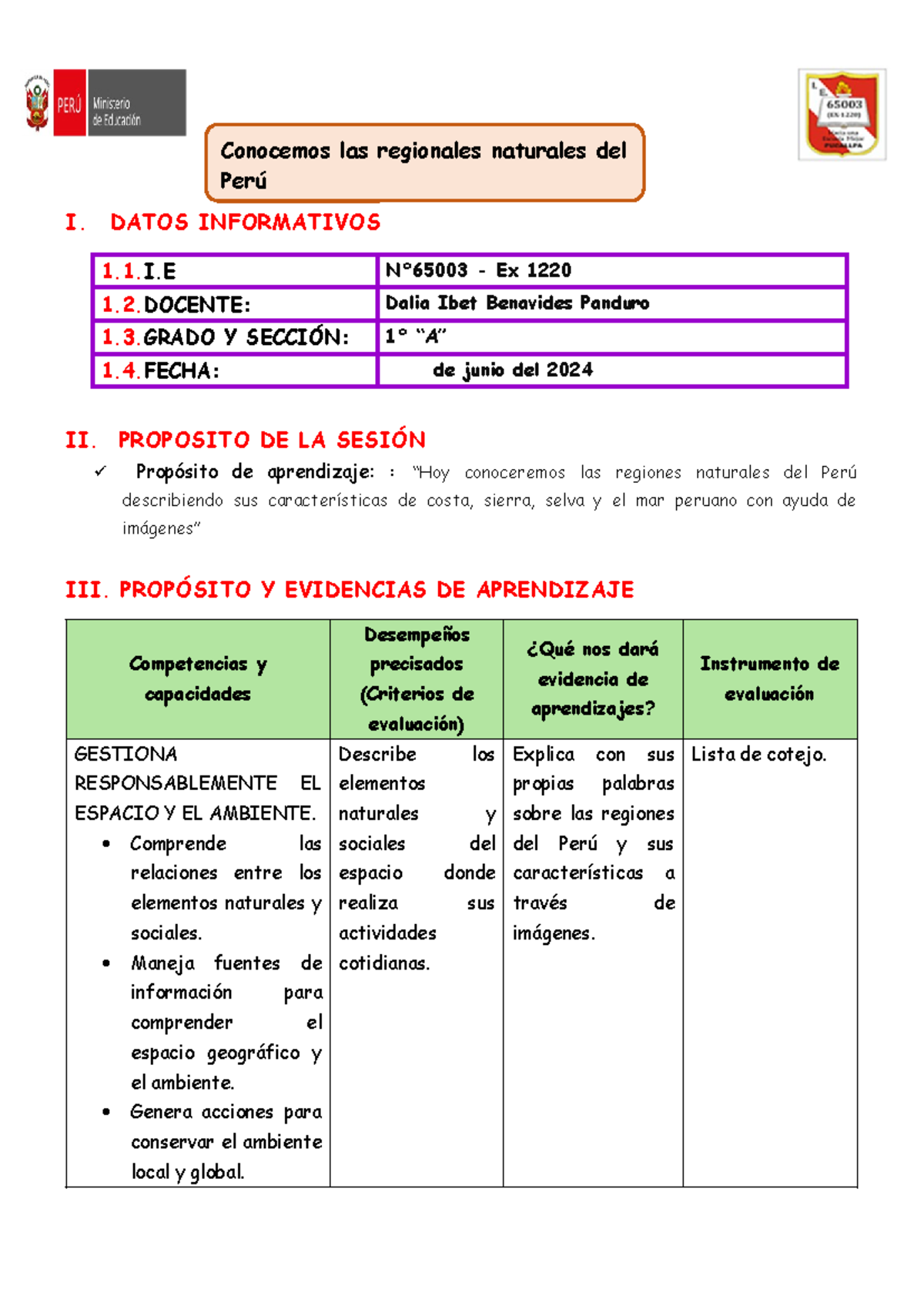 EL PERU Y SUS Regiones DIBP - I. DATOS INFORMATIVOS 1.1.I N°65003 - Ex ...