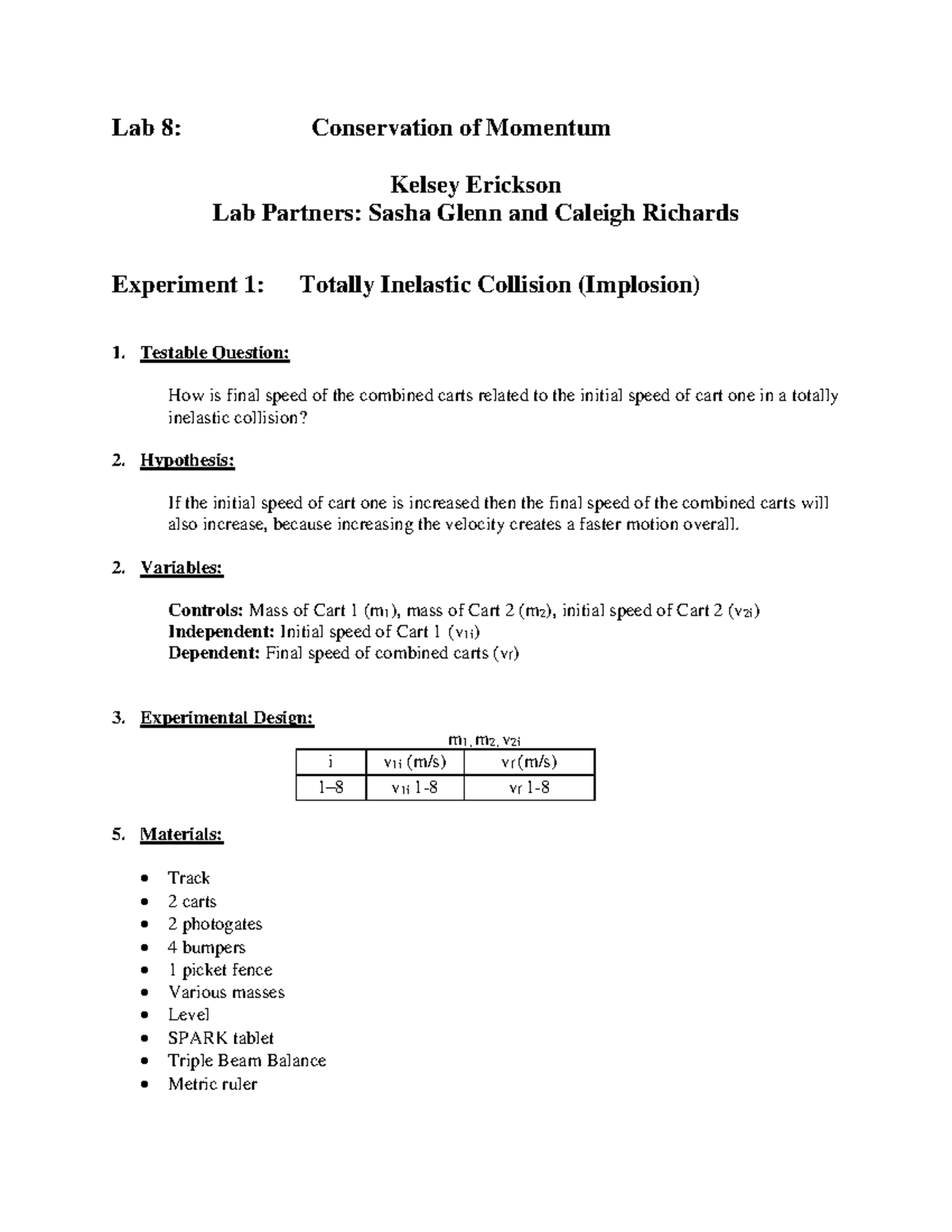 Phy 111 Lab 8 Conservation Of Momentum Kelsey Erickson Lab 8 Conservation Of Momentum