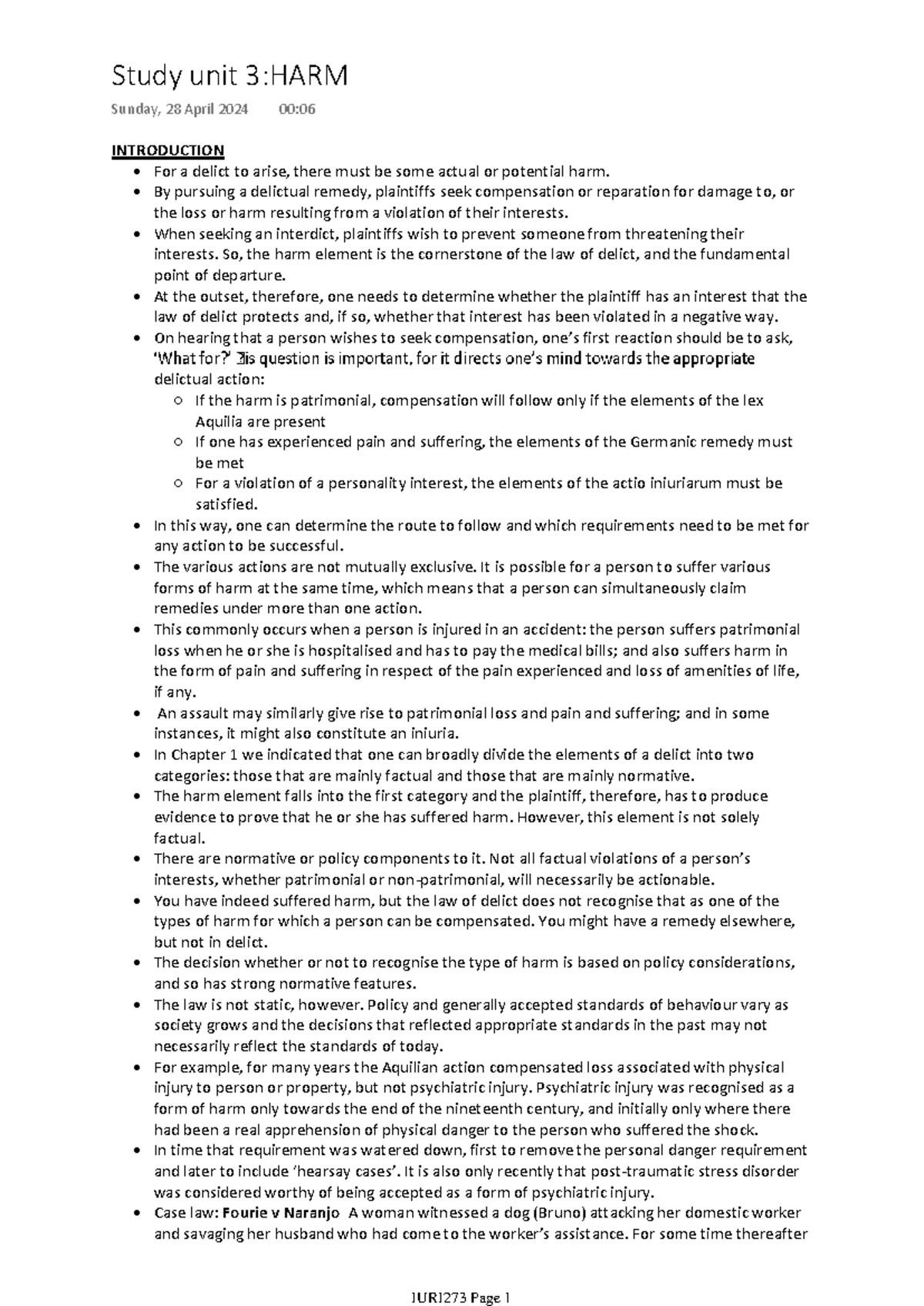 Study unit 3HARM - INTRODUCTION For a delict to arise, there must be ...