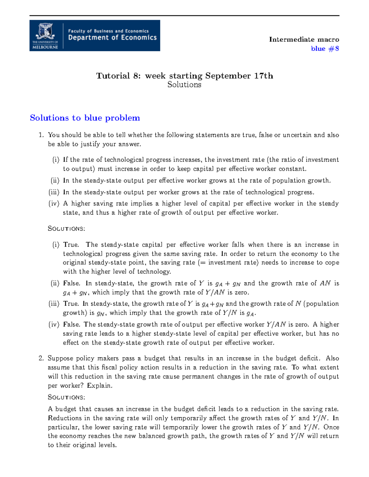 Blue8 solutions - Week 9 tute work - Intermediate macro blue #8 ...