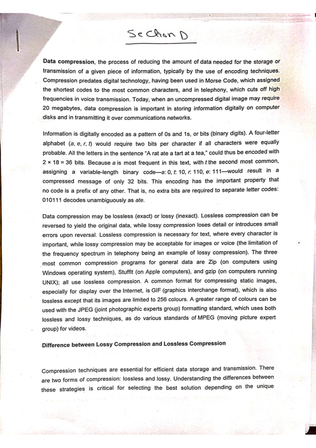 Secd CN - detailed notes - Se Ction D Data compression, the process of ...