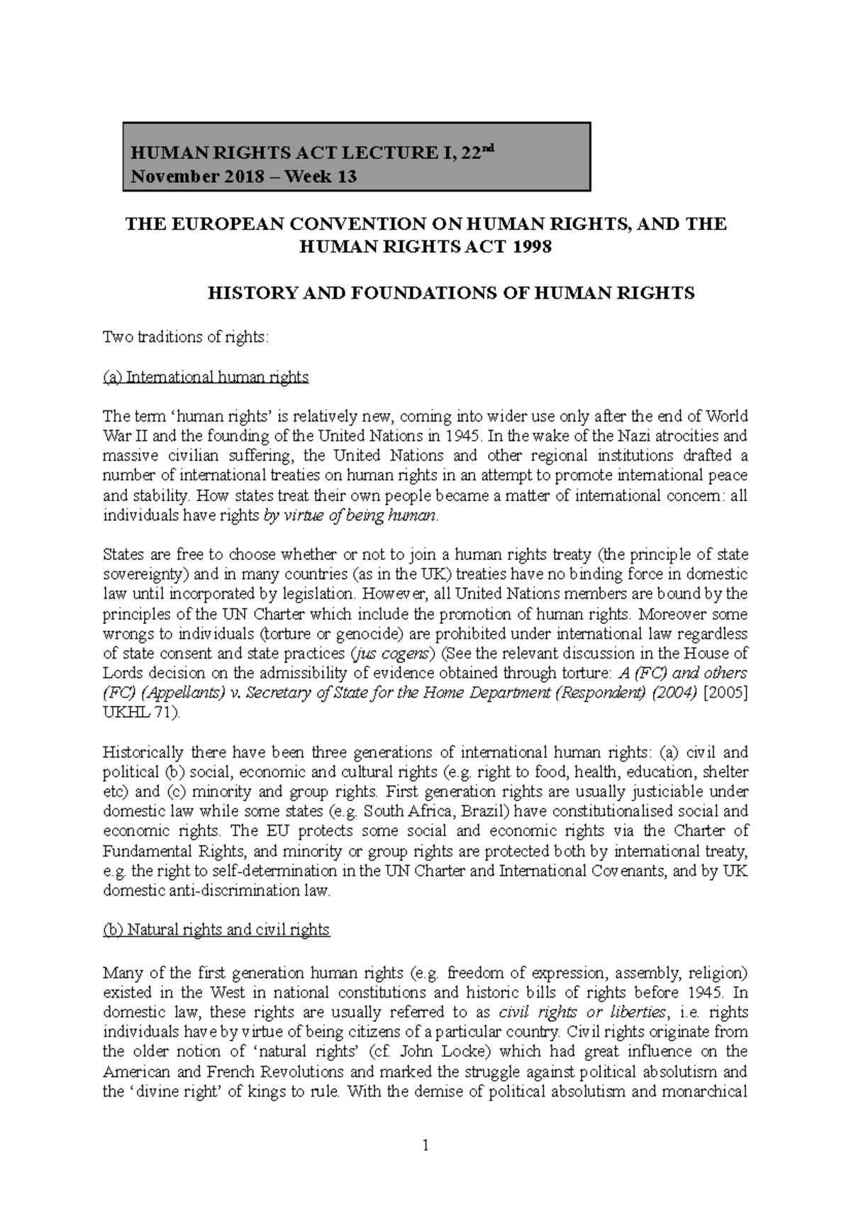 Human Rights Notes - HUMAN RIGHTS ACT LECTURE I, 22nd November 2018 ...