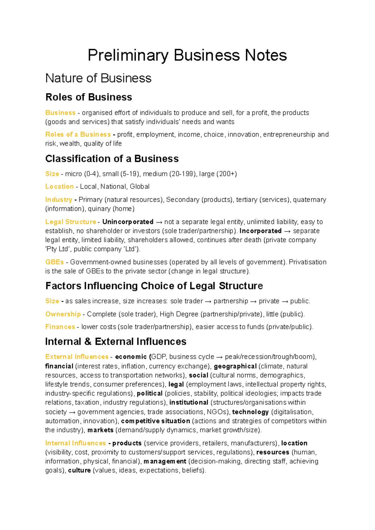 Preliminary Business Notes - Preliminary Business Notes Nature of ...