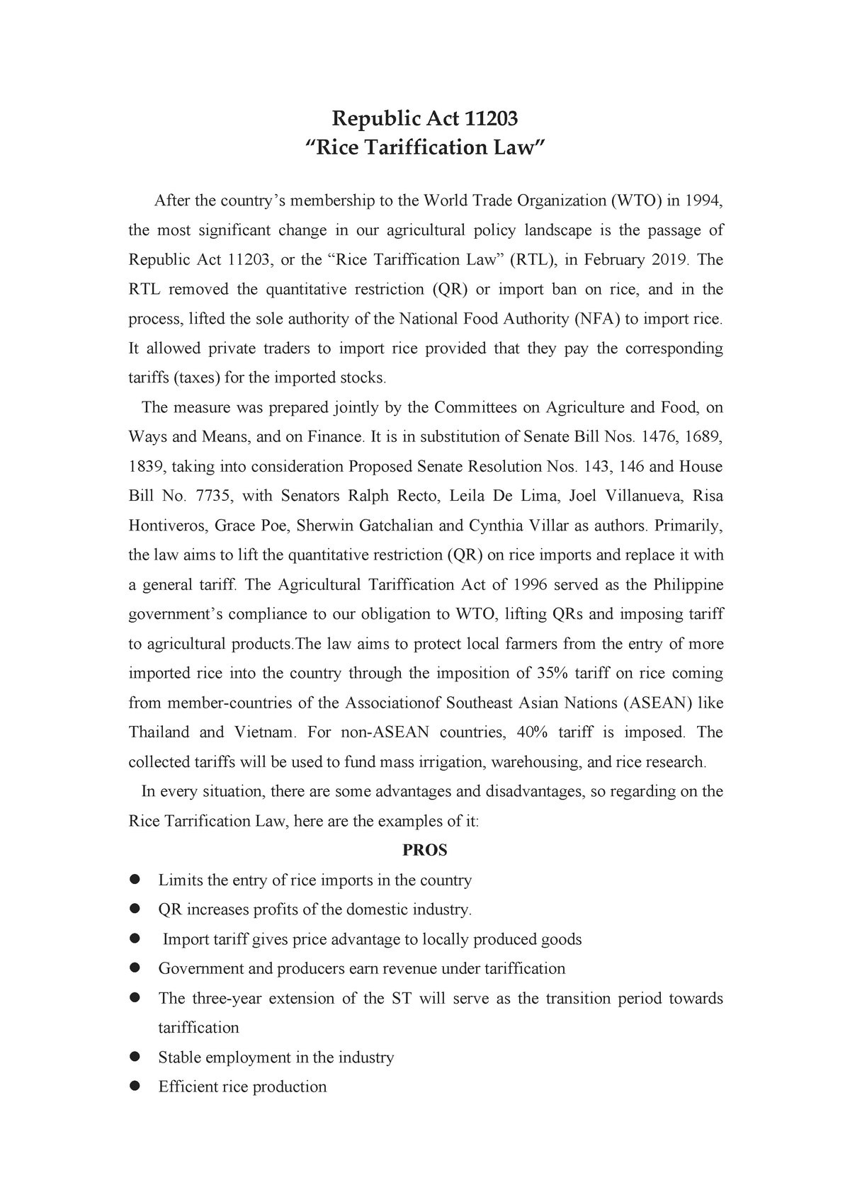 rice tariffication law essay