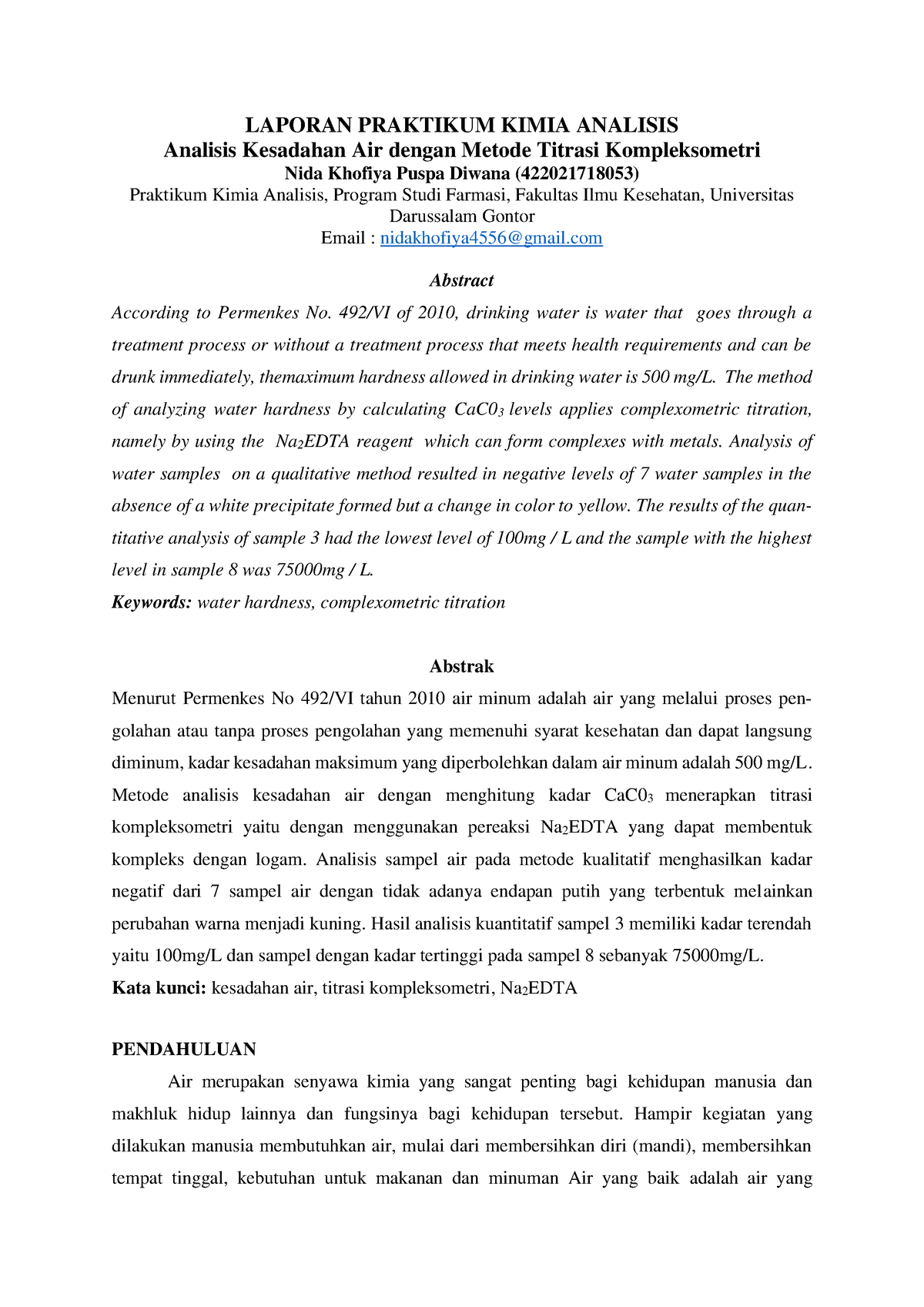 Analisis Kesadahan Air Dengan Titrasi Kompleksometri Laporan Praktikum Kimia Analisis Analisis 6419