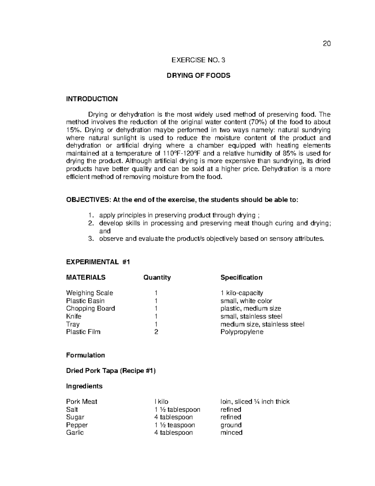 Lab Ex. 3 - Drying - EXERCISE NO. 3 DRYING OF FOODS INTRODUCTION Drying ...