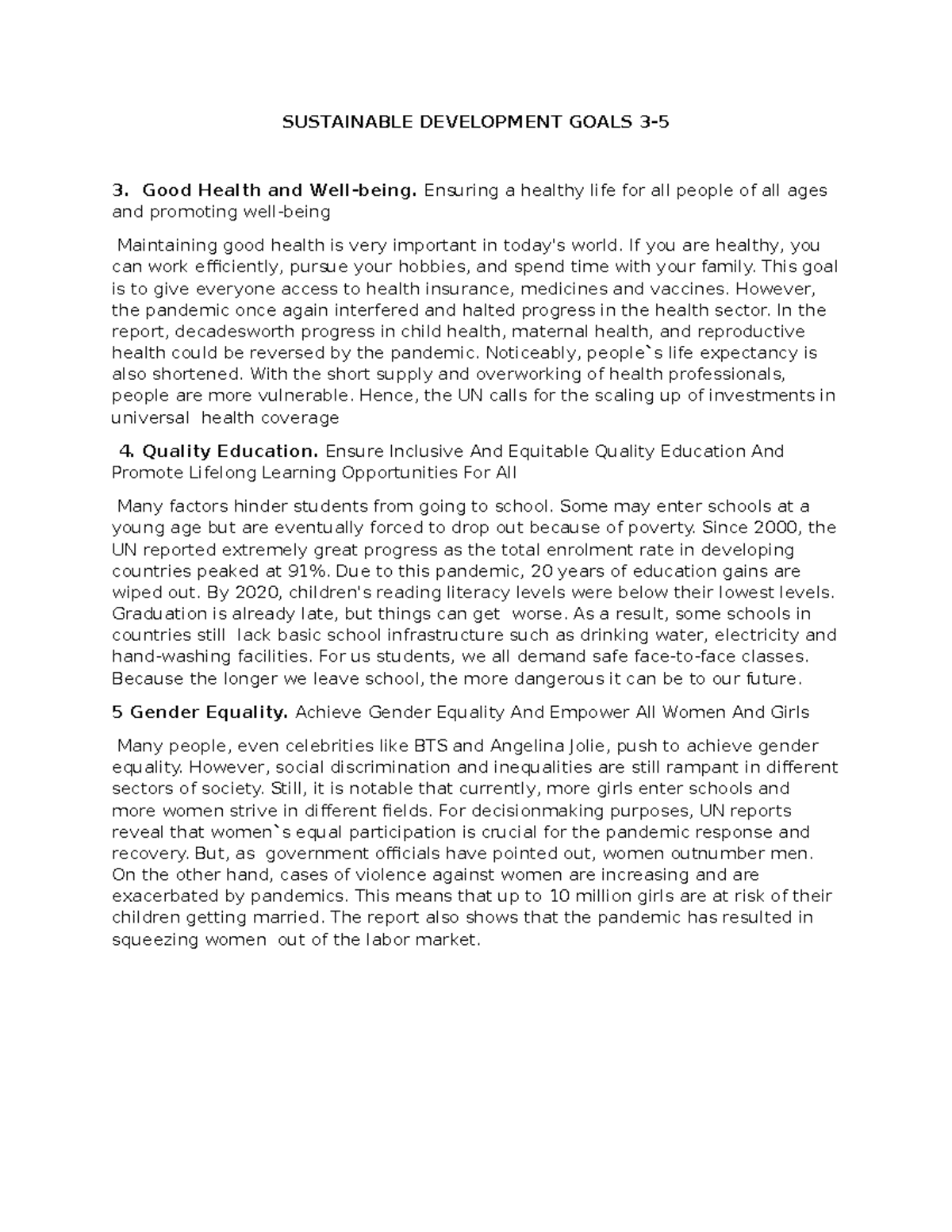 Sustainable Development Goals 3-5 - SUSTAINABLE DEVELOPMENT GOALS 3 ...