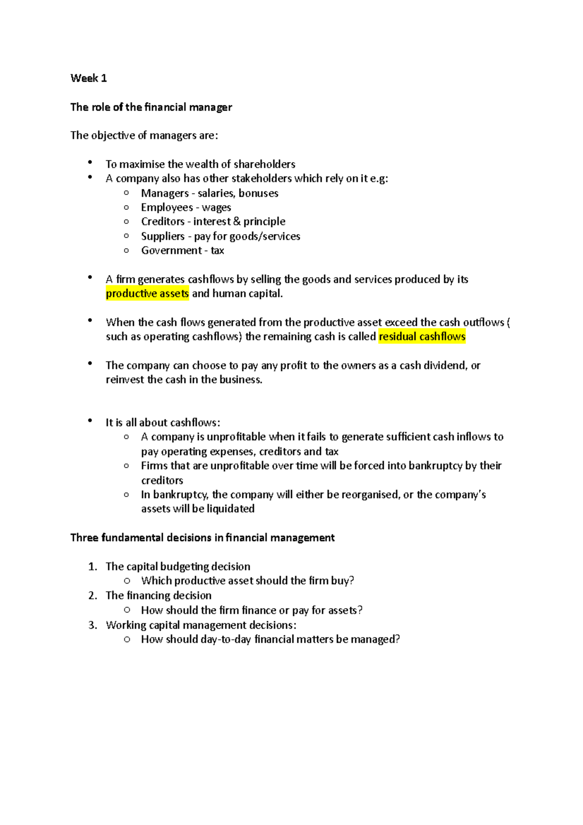 Week 1 afin lecture notes - Week 1 The role of the financial manager ...