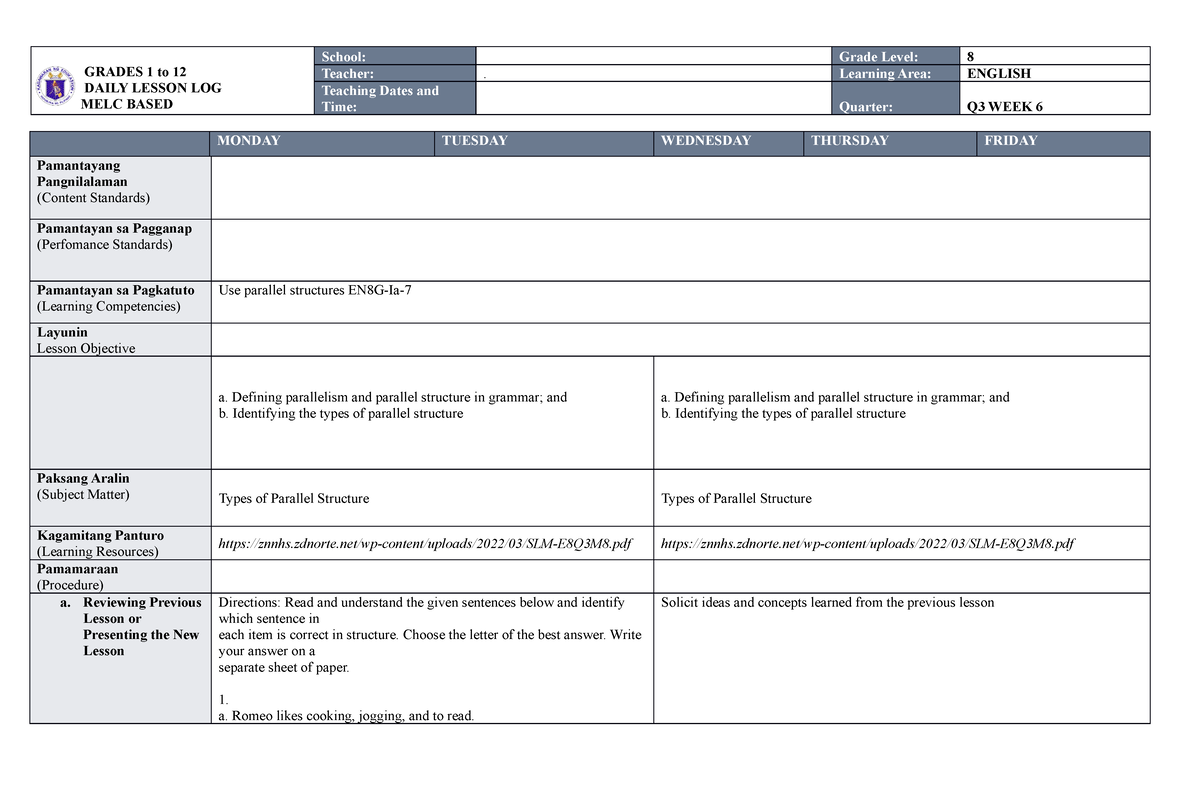 MELC DLL ENG 8 WEEK 6 Q3 done - GRADES 1 to 12 DAILY LESSON LOG MELC ...