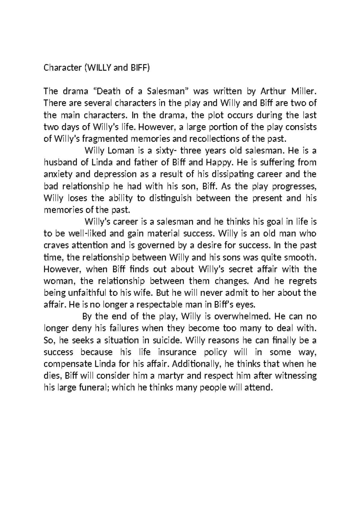 Character - note - Character (WILLY and BIFF) The drama “Death of a ...