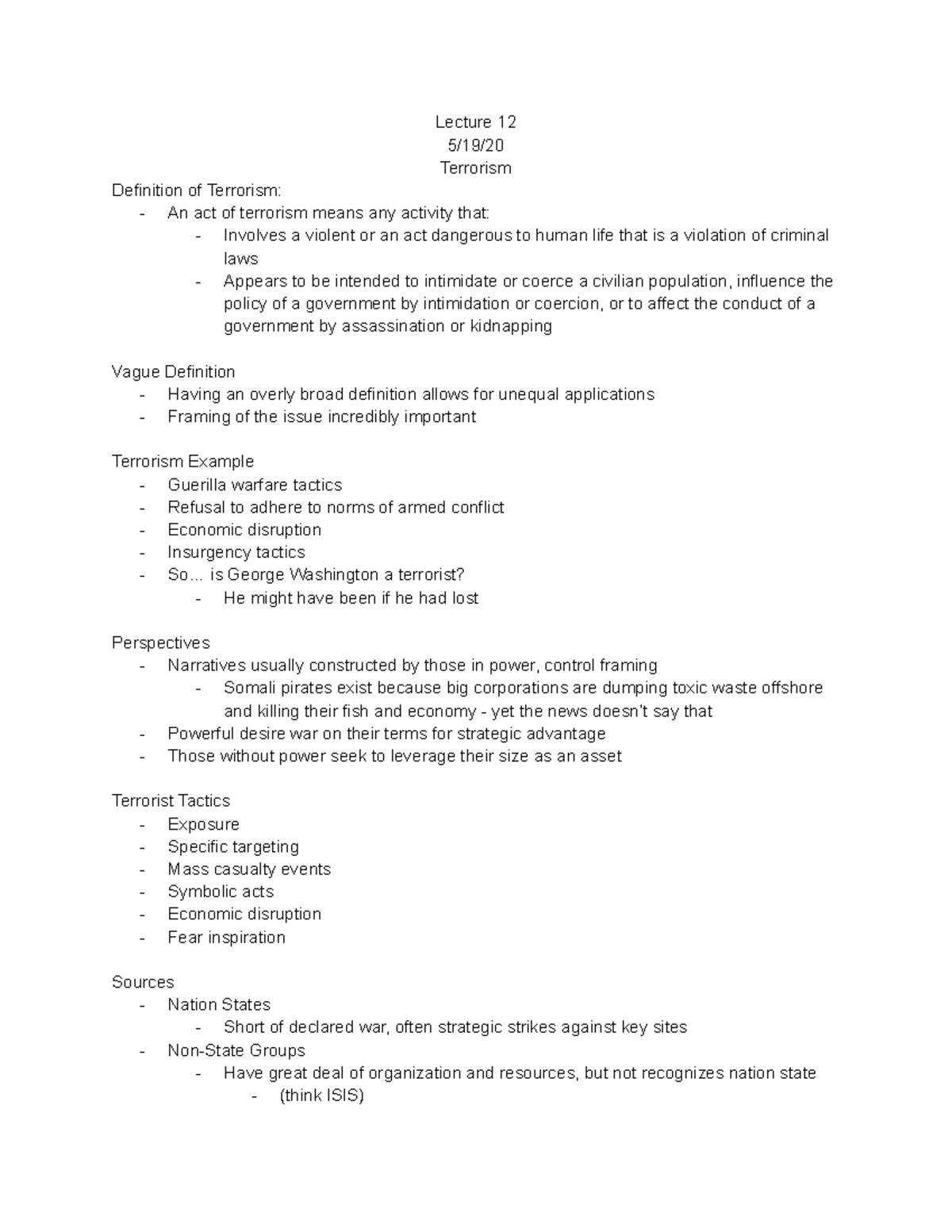 Soc 171 Notes lecture 12 Lecture 12 5 19 Terrorism Definition Of 