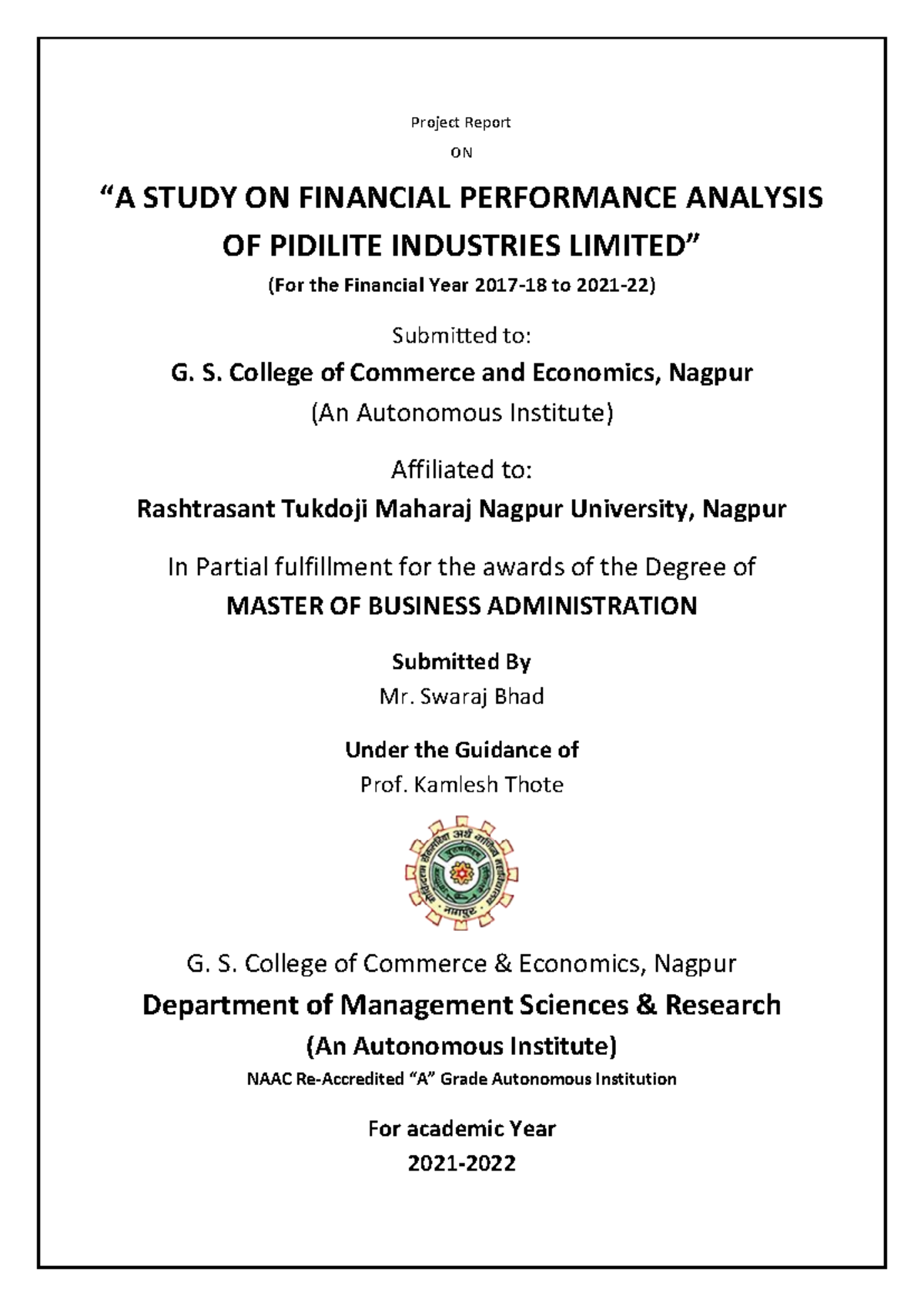 Study of financial performance - Project Report ON “A STUDY ON ...