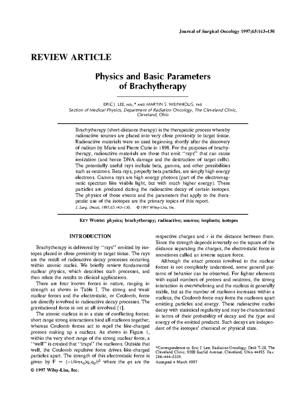 Physics and basic parameters of brachytherapy (Journal of Surgical Oncology, vol. 65, issue 2