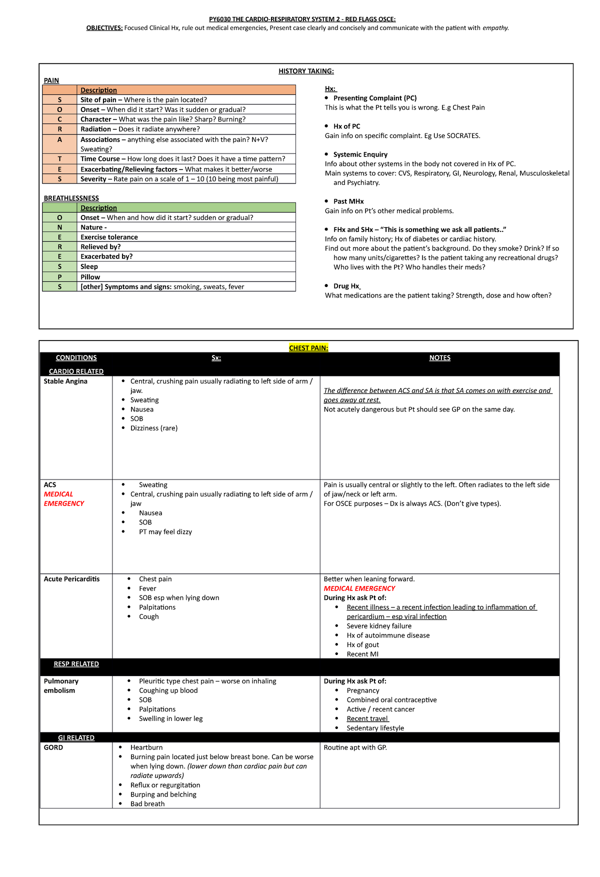 PY6030 OSCE summary notes - PY6030 THE CARDIO-RESPIRATORY SYSTEM 2 ...