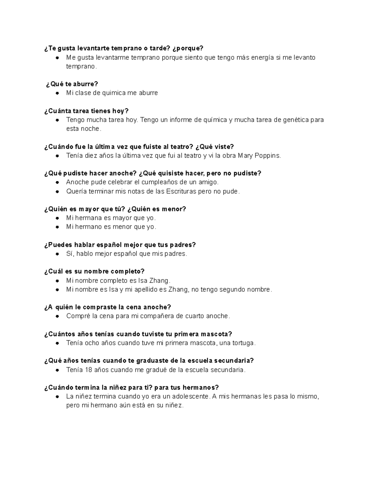 Spanish Lab Oral Interview 1 ¿Te gusta levantarte temprano o tarde