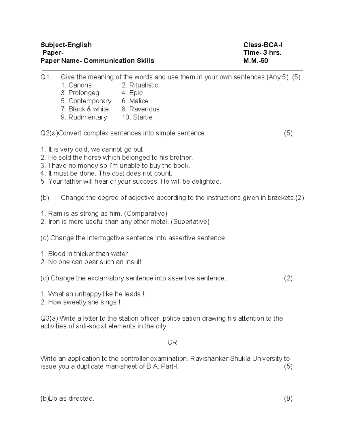 Communication Skills English Model Paper I - Subject-English PaperPaper ...