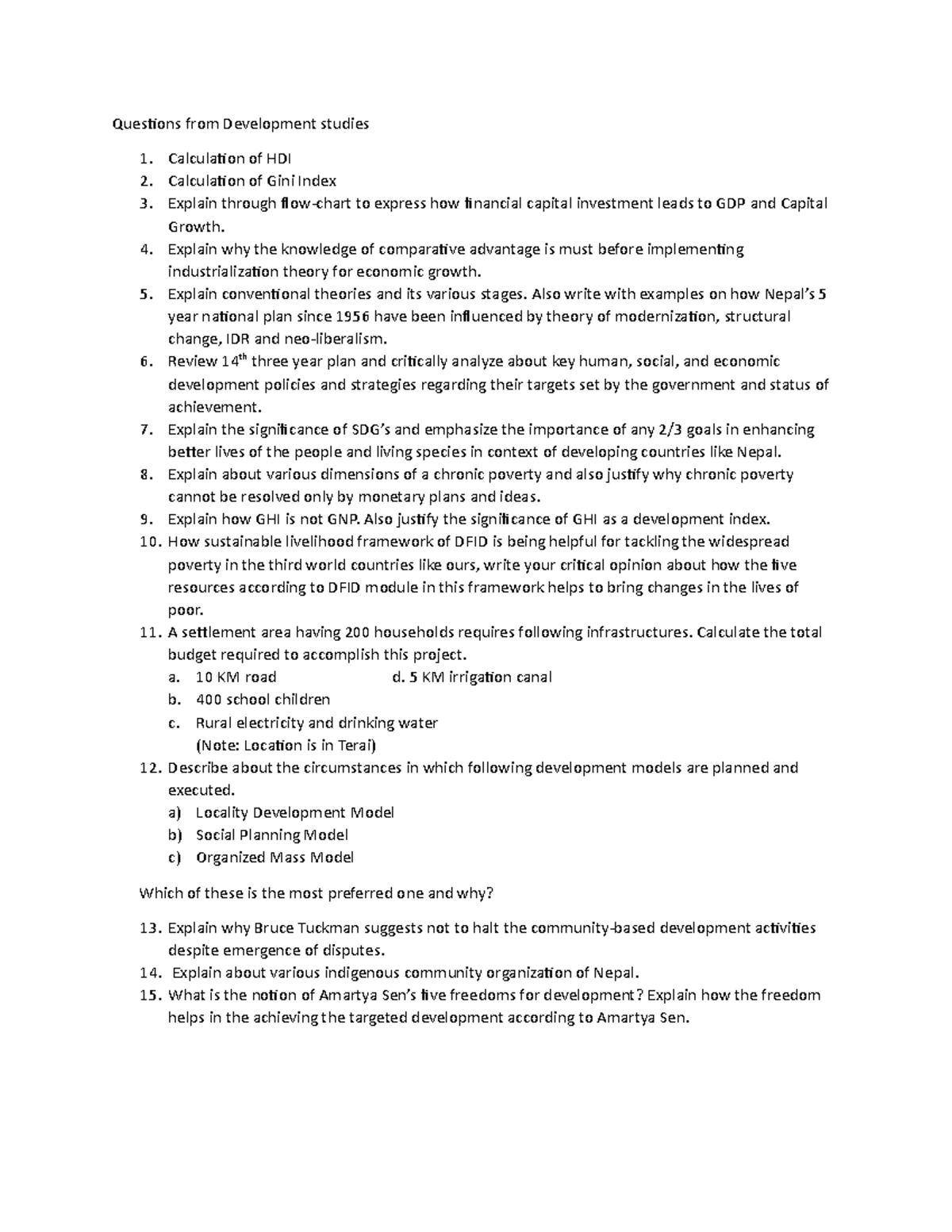 Exam 10 January 2020, questions - Questions from Development studies ...