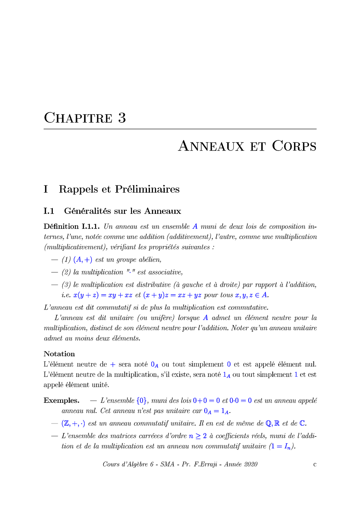 Chapitre 3 : Anneaux Et Corps - Cours D'algèbre 6 - S4 -Algèbre 6 - Studocu