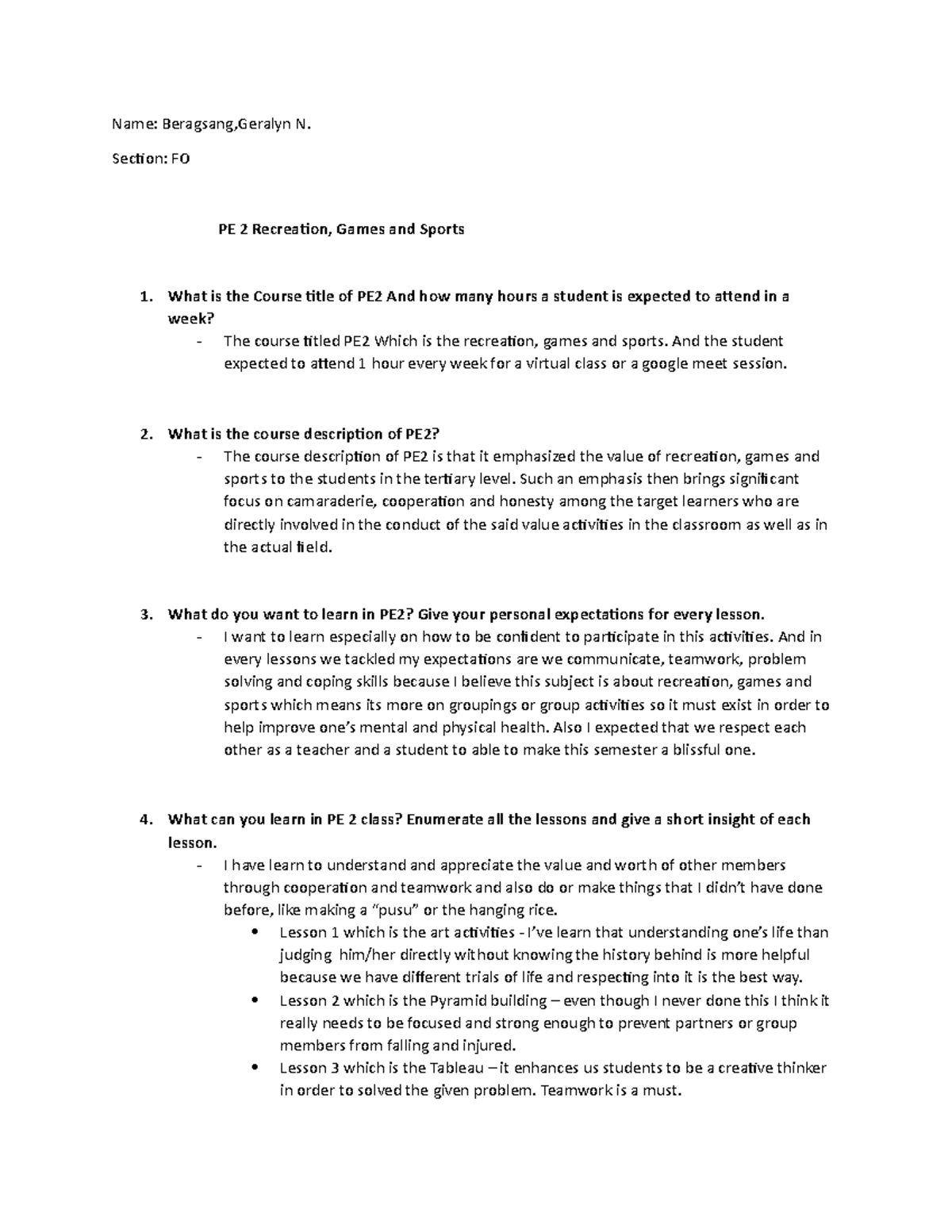 PE2 Midterm EXAM - Notes - Name: Beragsang,Geralyn N. Section: FO PE 2 ...