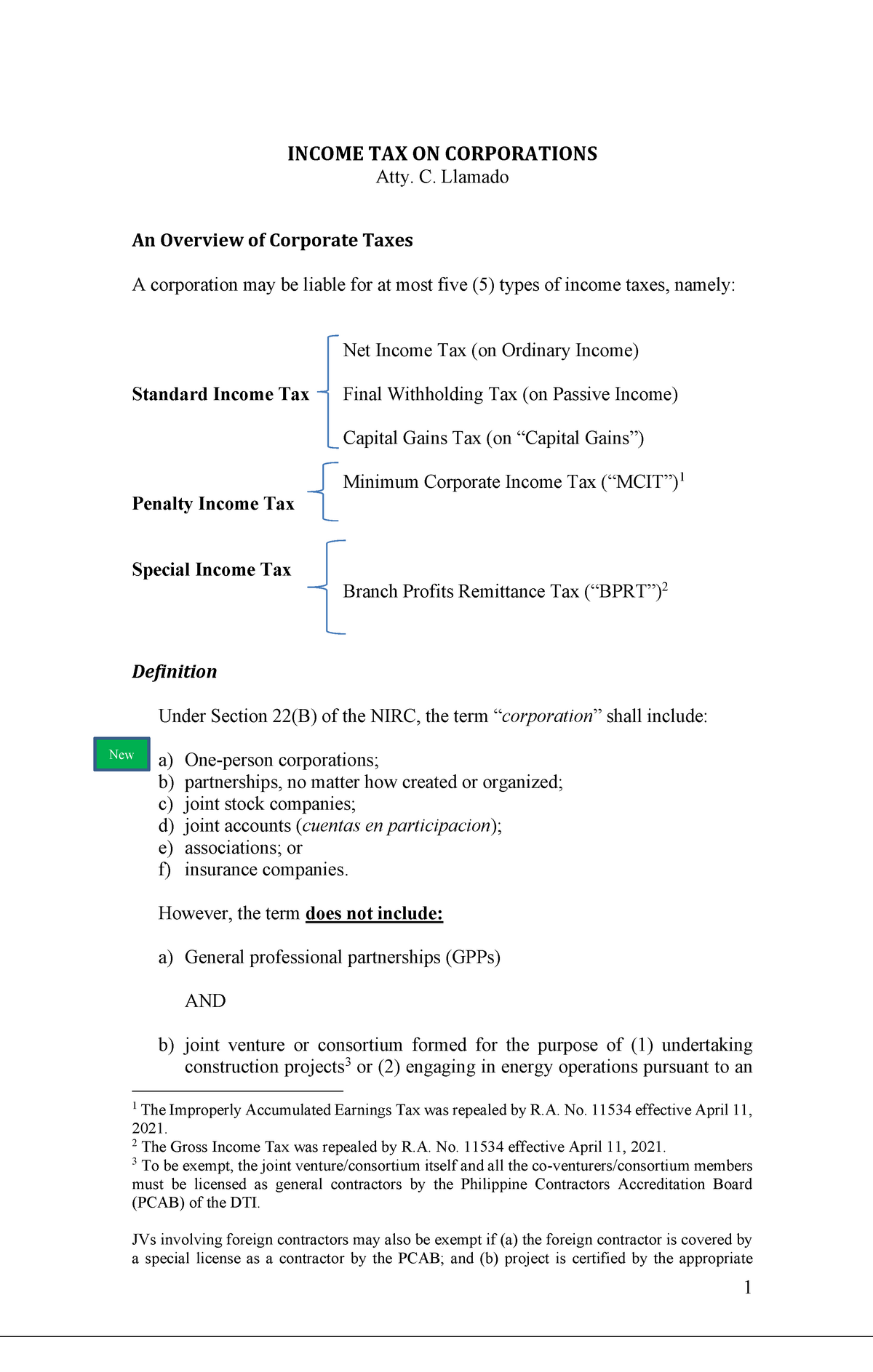 Tax on Corporations Handout _BS Accountancy - Business Taxation - Studocu