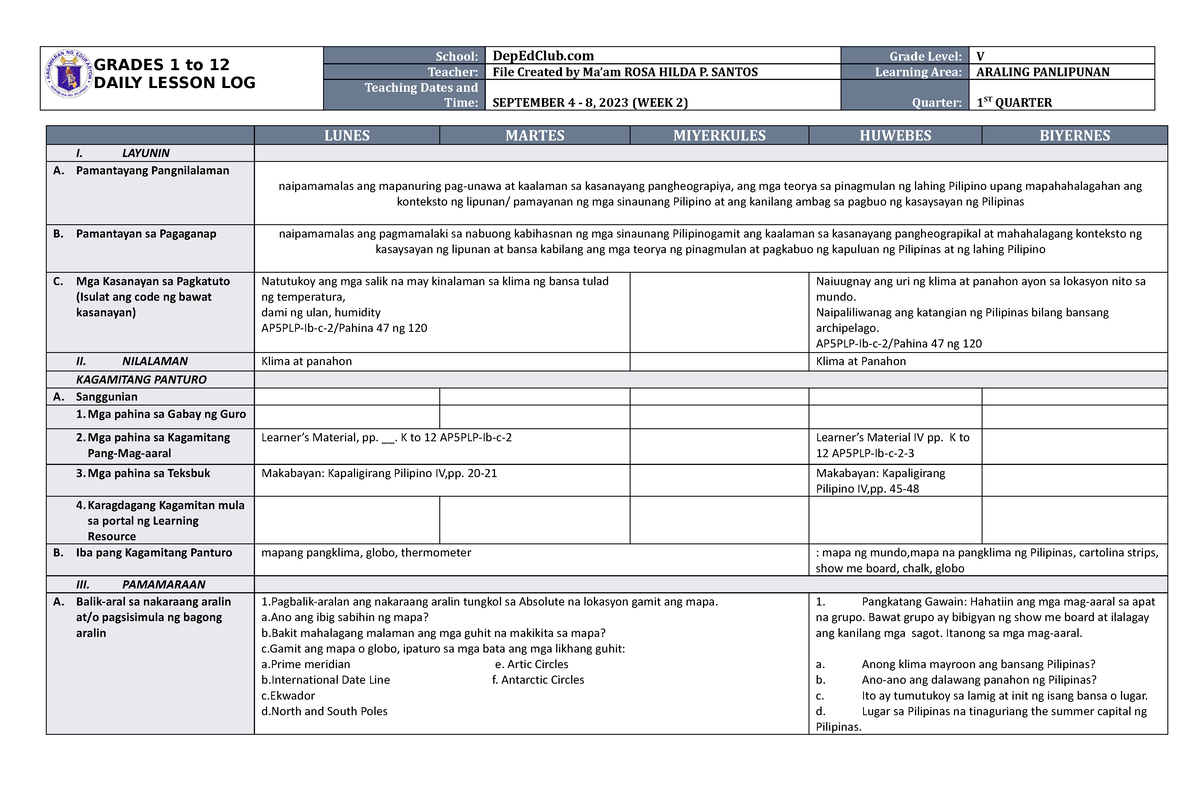 DLL Araling Panlipunan 5 Q1 W2 - GRADES 1 To 12 DAILY LESSON LOG School ...